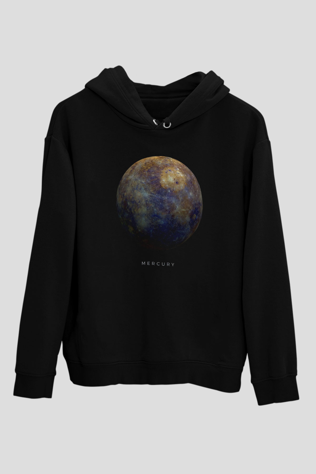 Merkür Gezegen Baskılı Unisex Siyah Kapüşonlu Sweatshirt