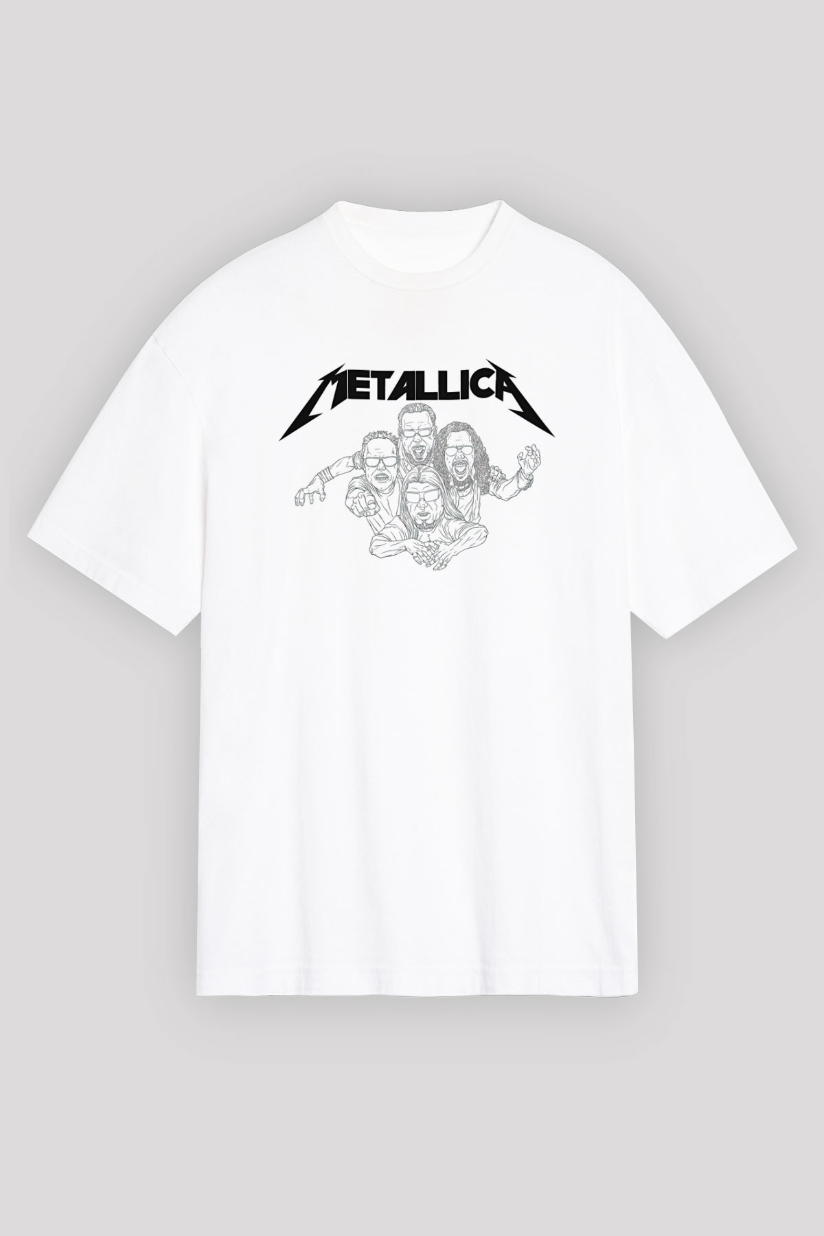 Metallica Baskılı Beyaz Unisex Oversize Tişört - Tshirt