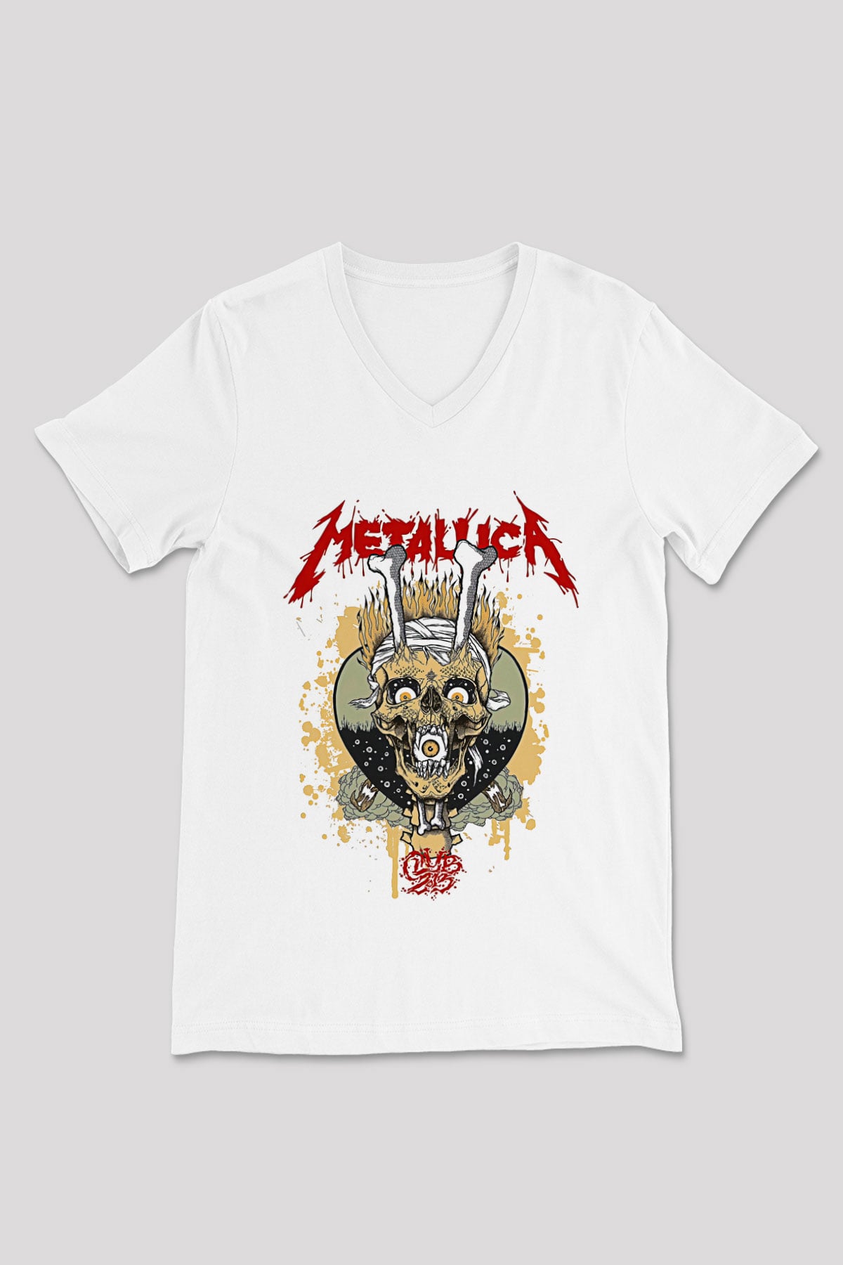 Metallica Baskılı Beyaz Unisex V Yaka Tişört - Tshirt