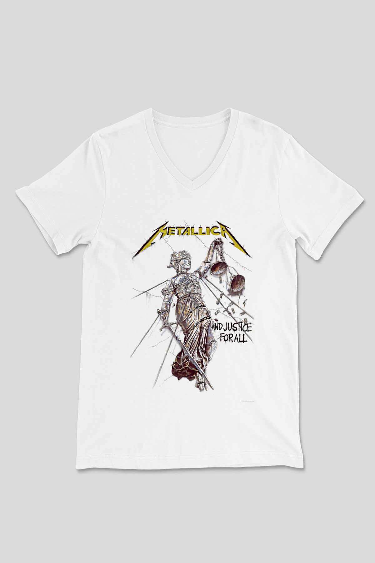 Metallica Baskılı Beyaz Unisex V Yaka Tişört - Tshirt