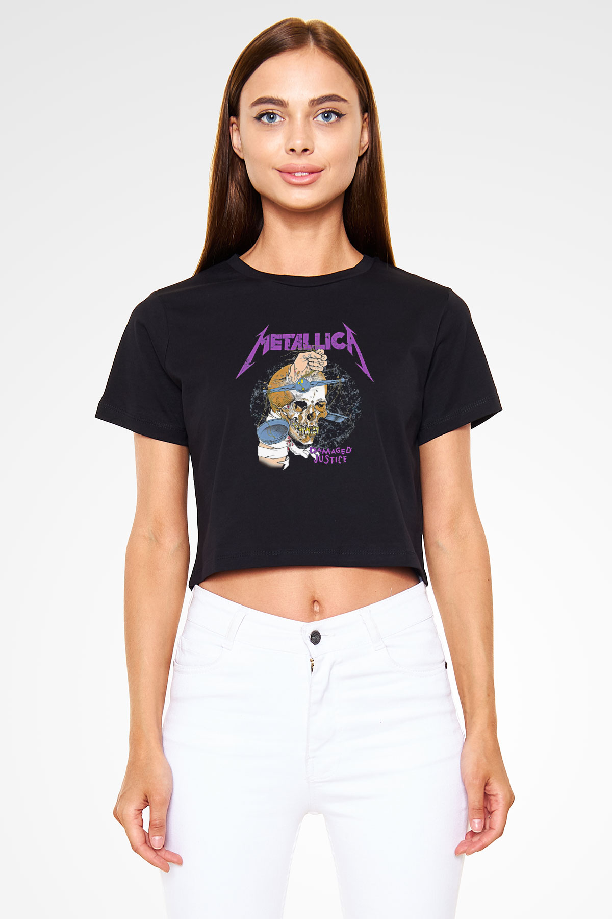 Metallica Baskılı Siyah Crop Top Kadın Tişört - Tshirt