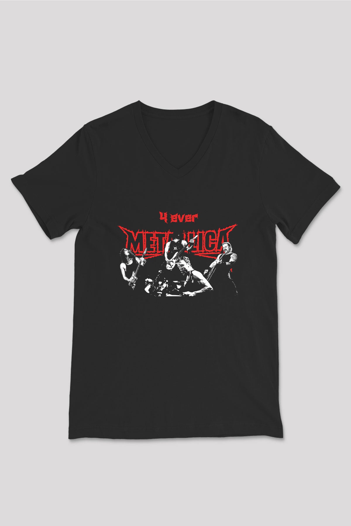 Metallica Baskılı Unisex Siyah V Yaka Tişört - Tshirt