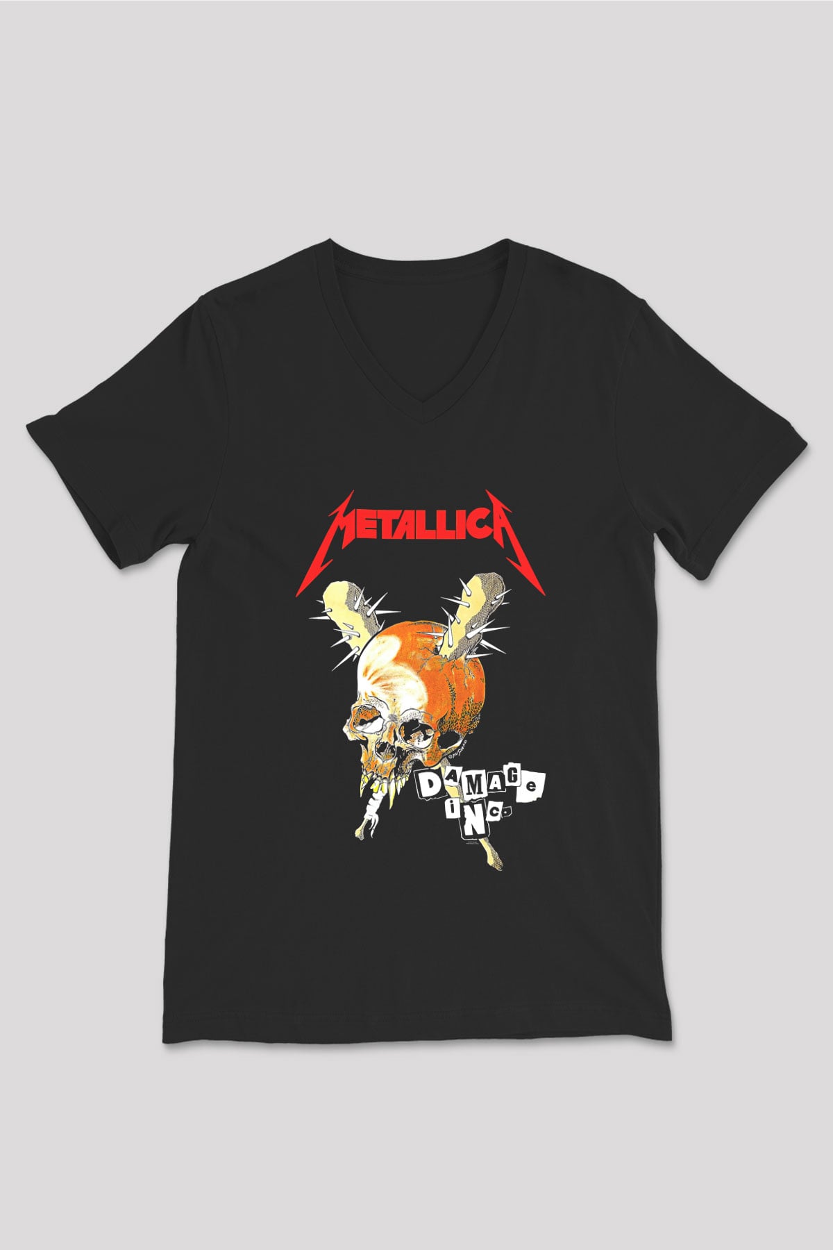 Metallica Baskılı Unisex Siyah V Yaka Tişört - Tshirt