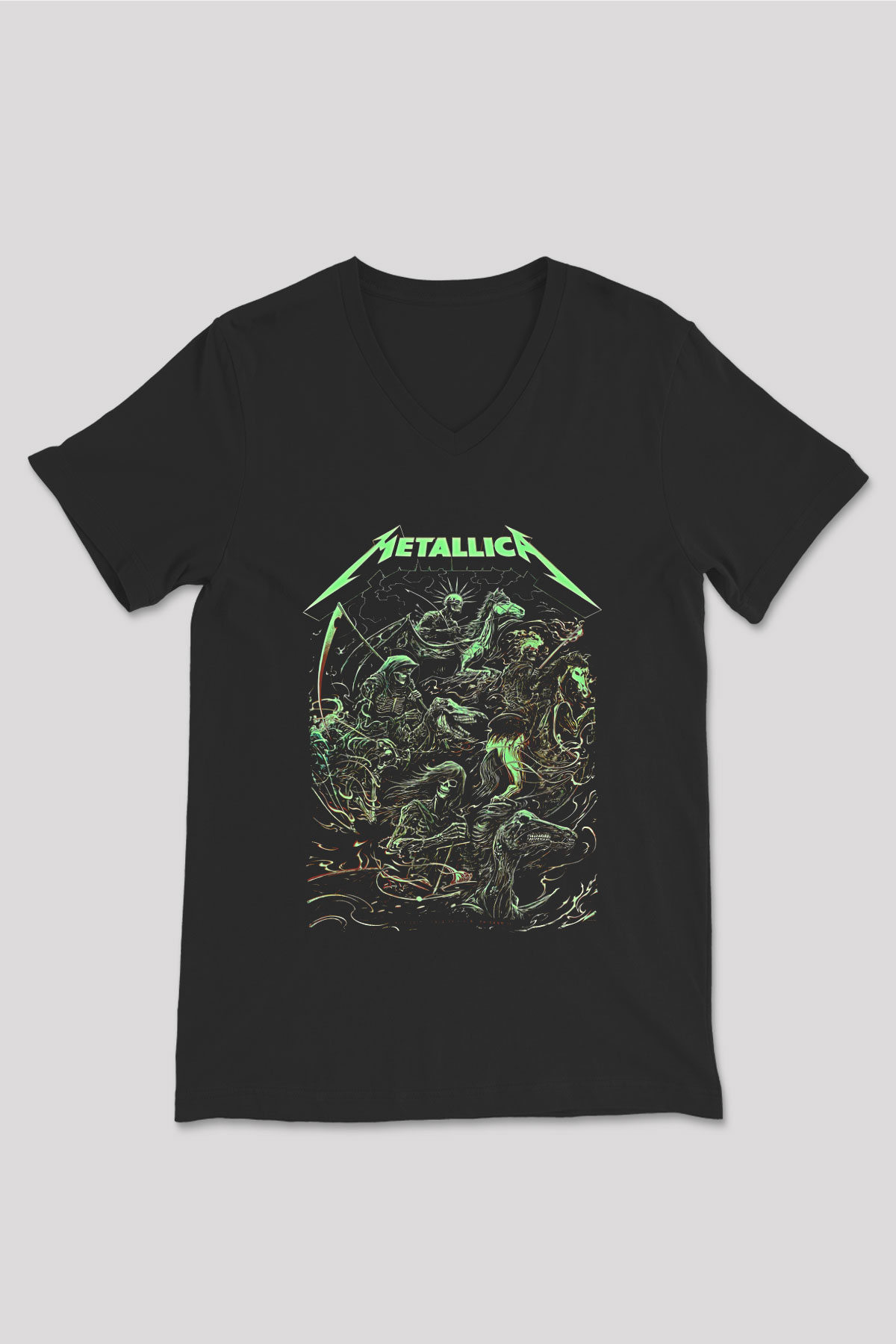 Metallica Baskılı Unisex Siyah V Yaka Tişört - Tshirt
