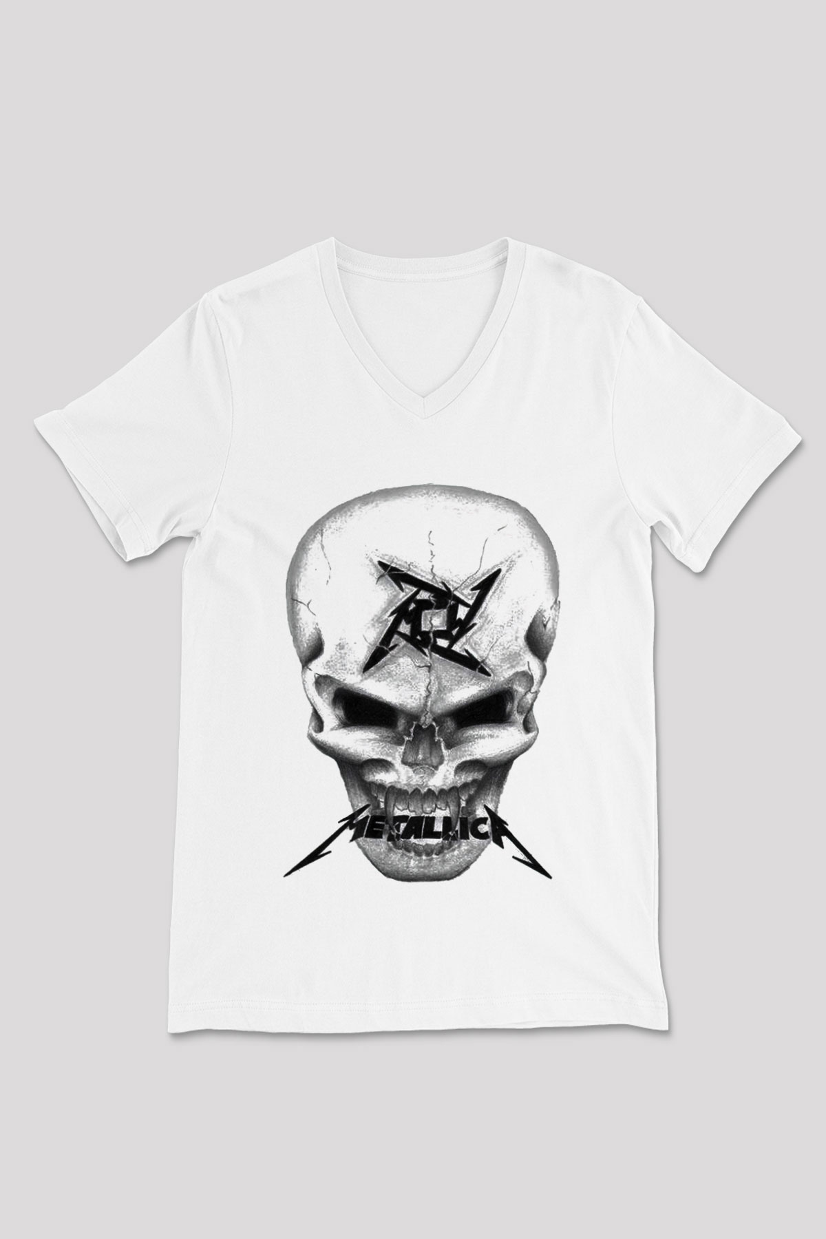 Metallica Beyaz Unisex V Yaka Tişört T-Shirt