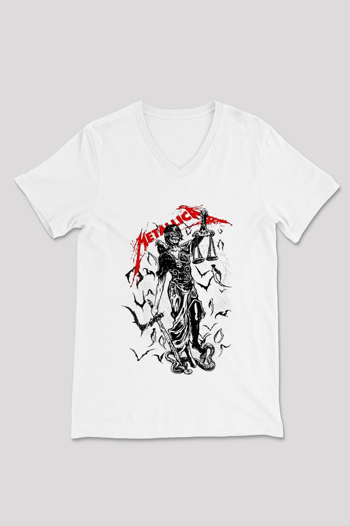 Metallica Beyaz Unisex V Yaka Tişört T-Shirt