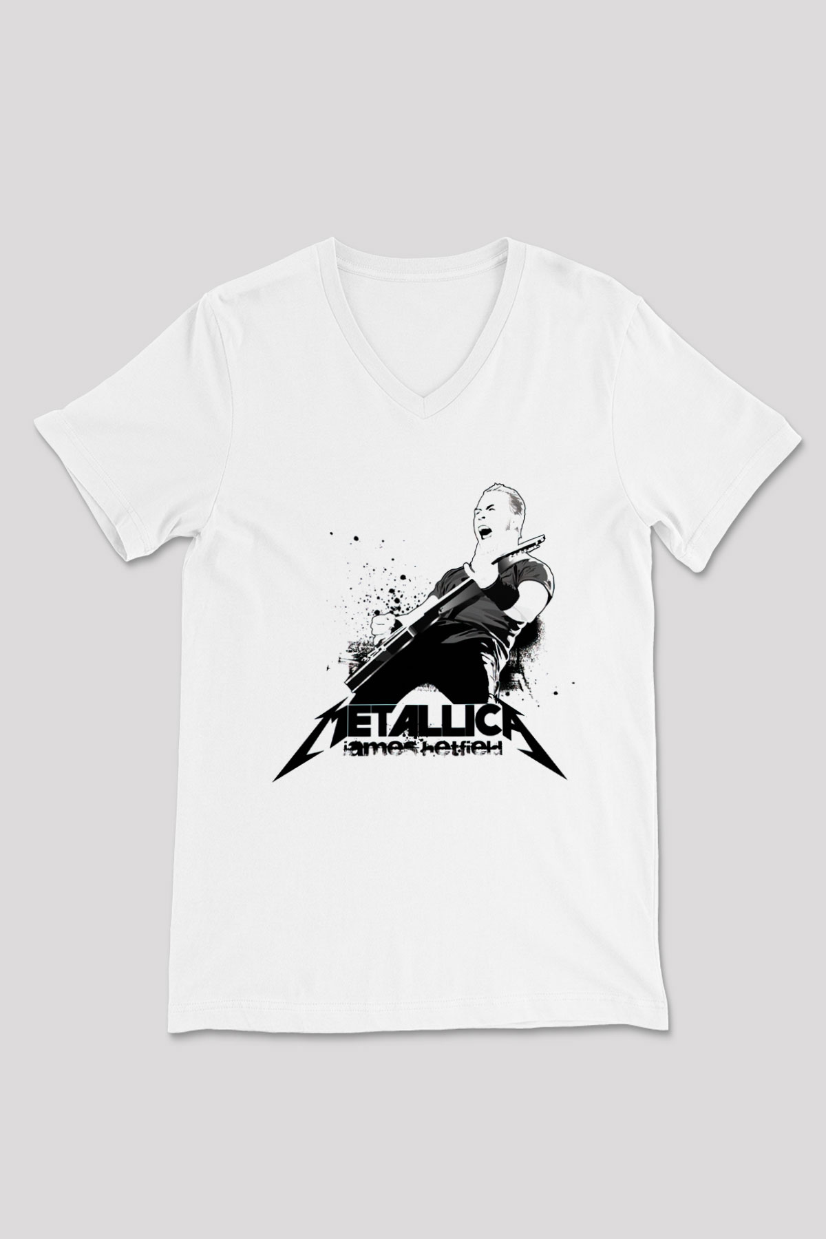 Metallica James Hetfield Beyaz Unisex V Yaka Tişört T-Shirt
