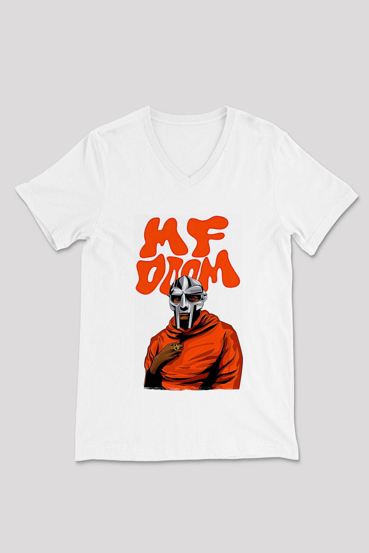 Mf Doom Baskılı Beyaz Unisex V Yaka Tişört - Tshirt