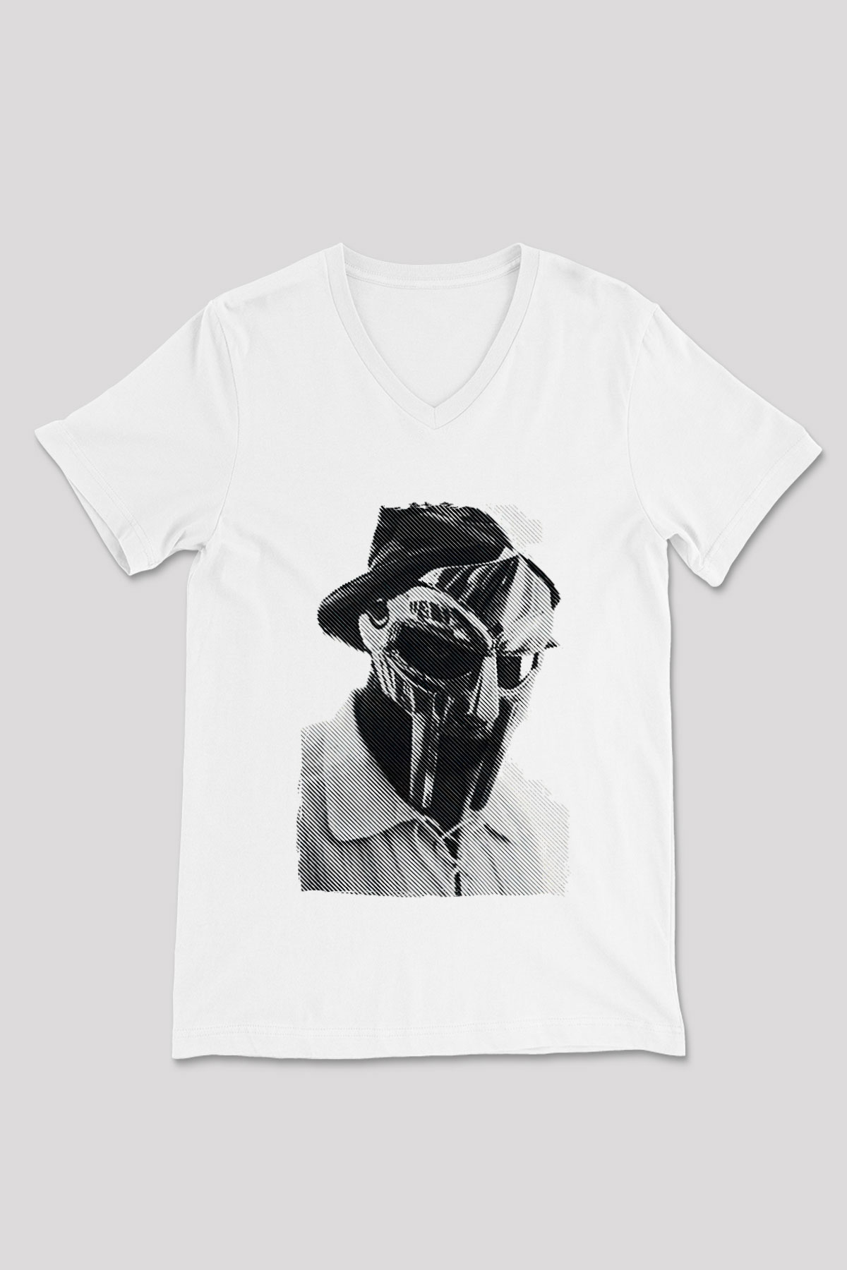 Mf Doom Baskılı Beyaz Unisex V Yaka Tişört - Tshirt