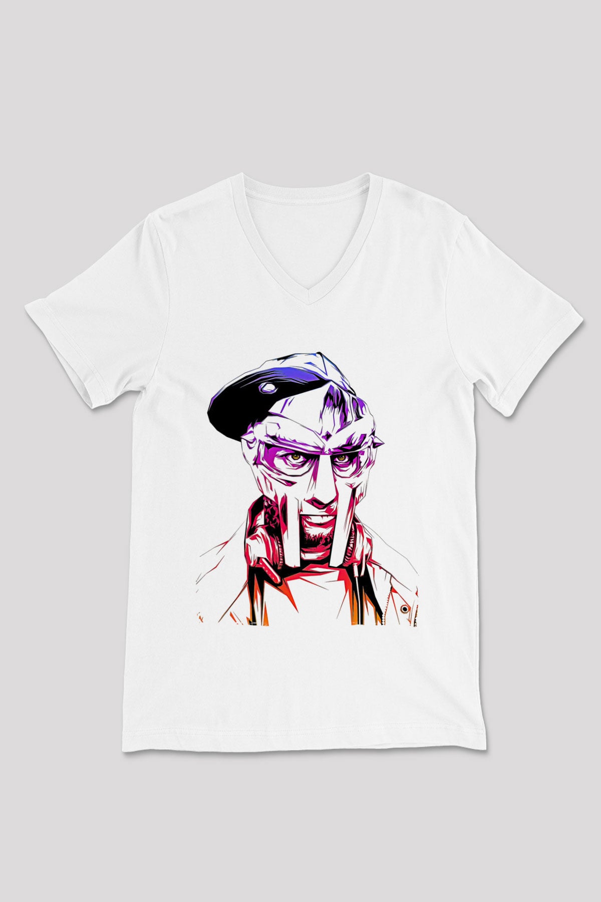 Mf Doom Baskılı Beyaz Unisex V Yaka Tişört - Tshirt