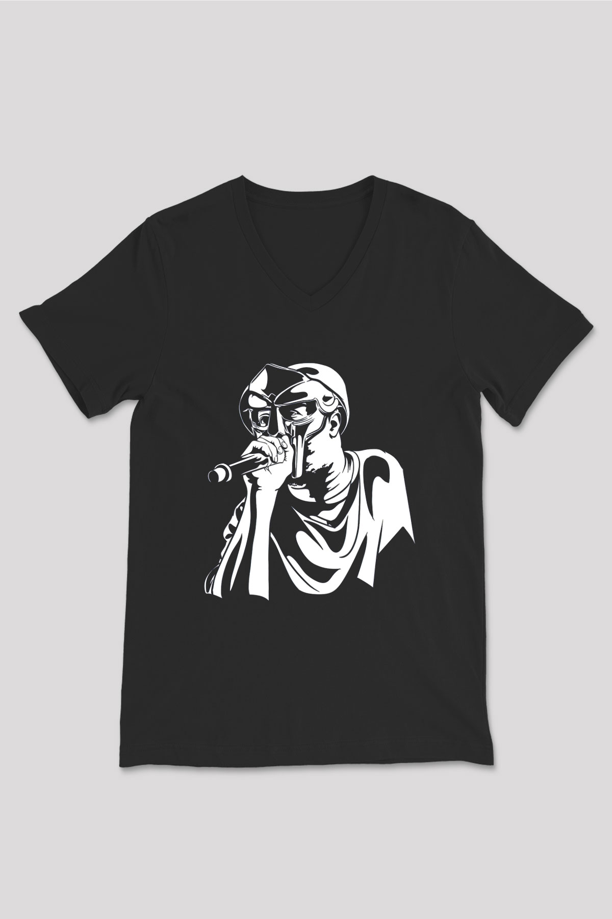 Mf Doom Baskılı Unisex Siyah V Yaka Tişört - Tshirt