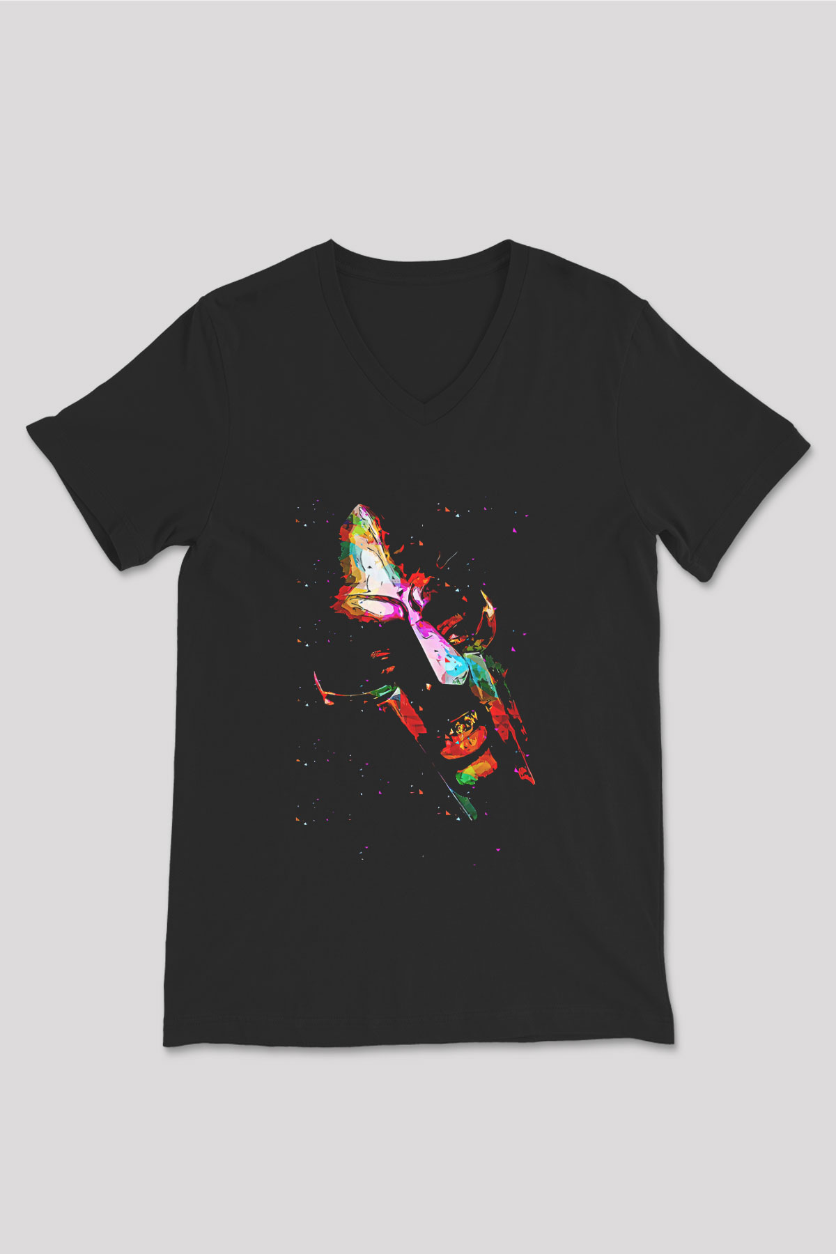 Mf Doom Baskılı Unisex Siyah V Yaka Tişört - Tshirt