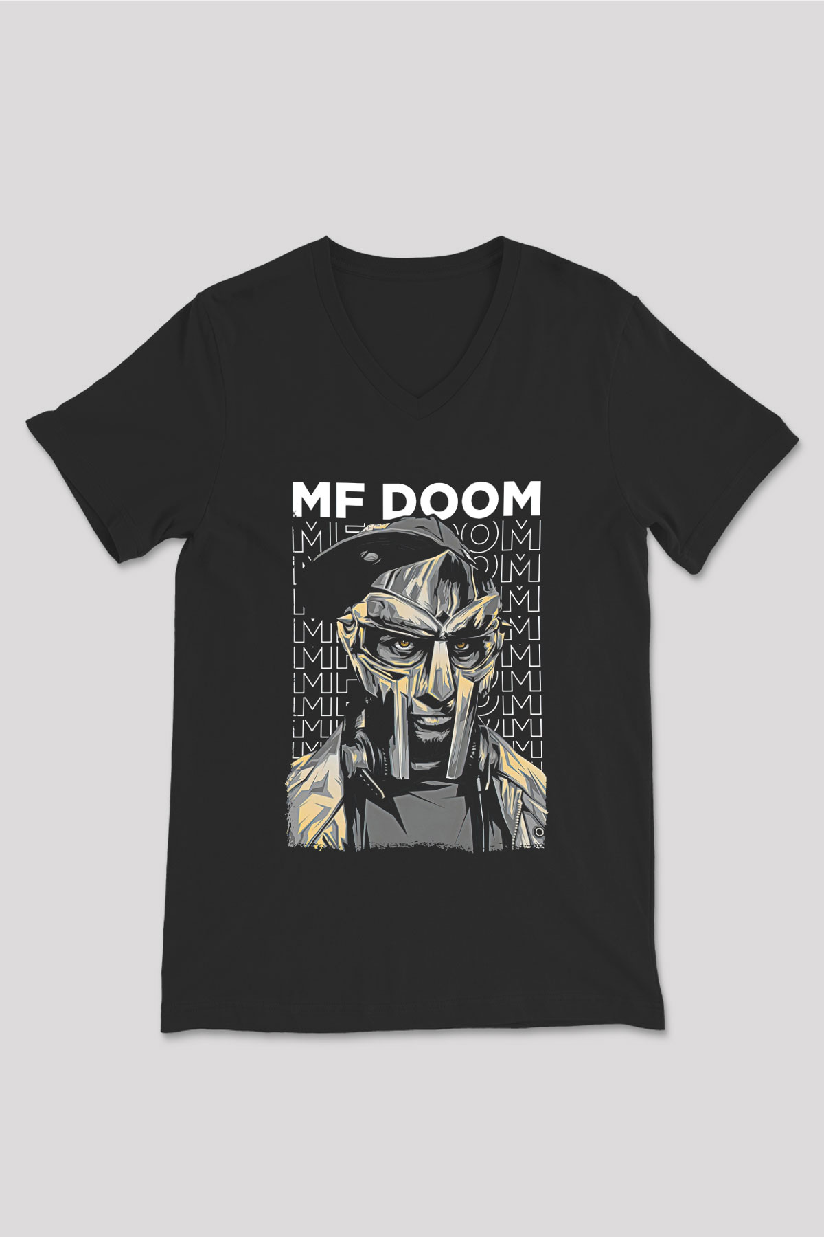 Mf Doom Baskılı Unisex Siyah V Yaka Tişört - Tshirt
