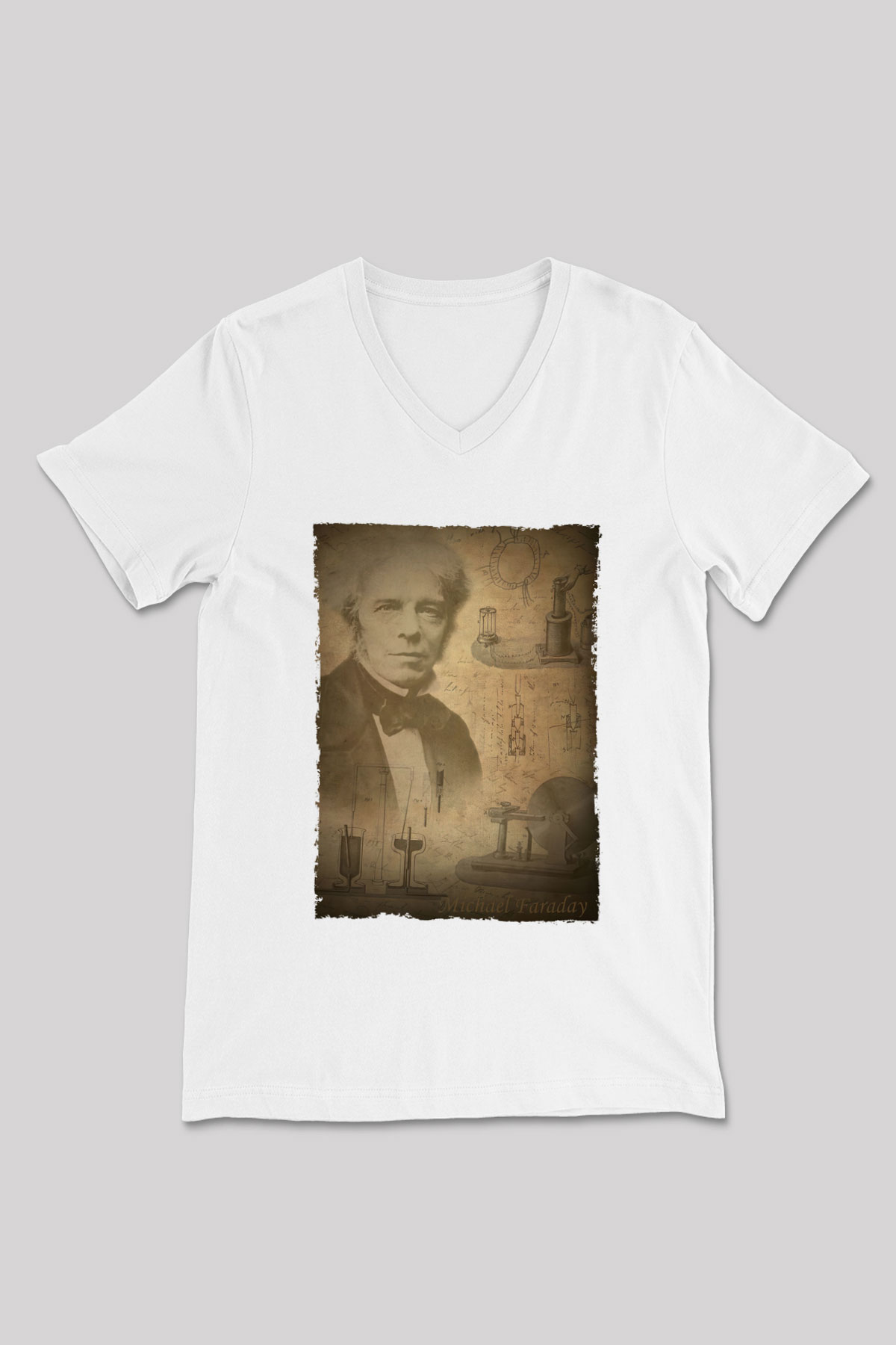Michael Faraday Baskılı Unisex V Yaka Beyaz Tişört - Tshirt