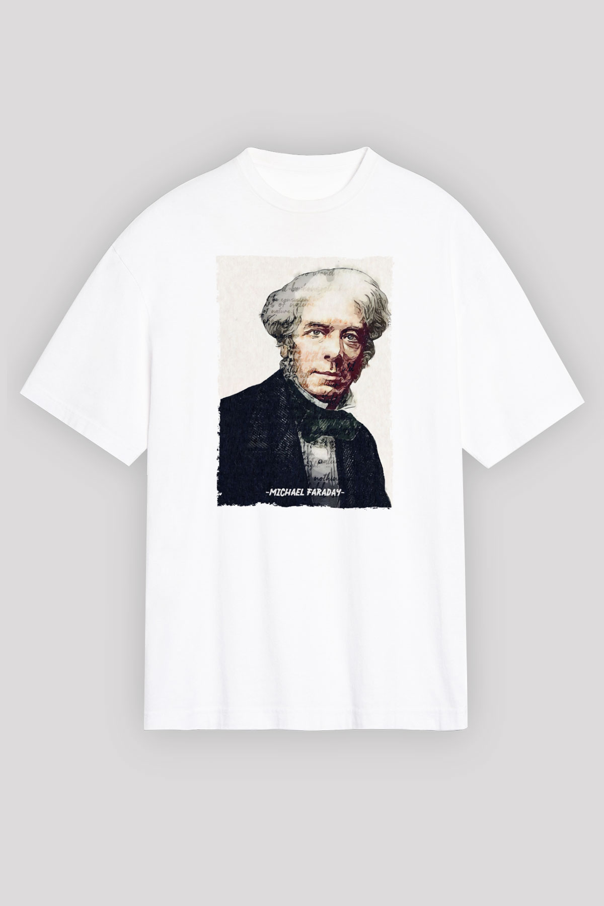 Michael Faraday Yazılı Portre Baskılı Unisex Oversize Beyaz Tişört - Tshirt