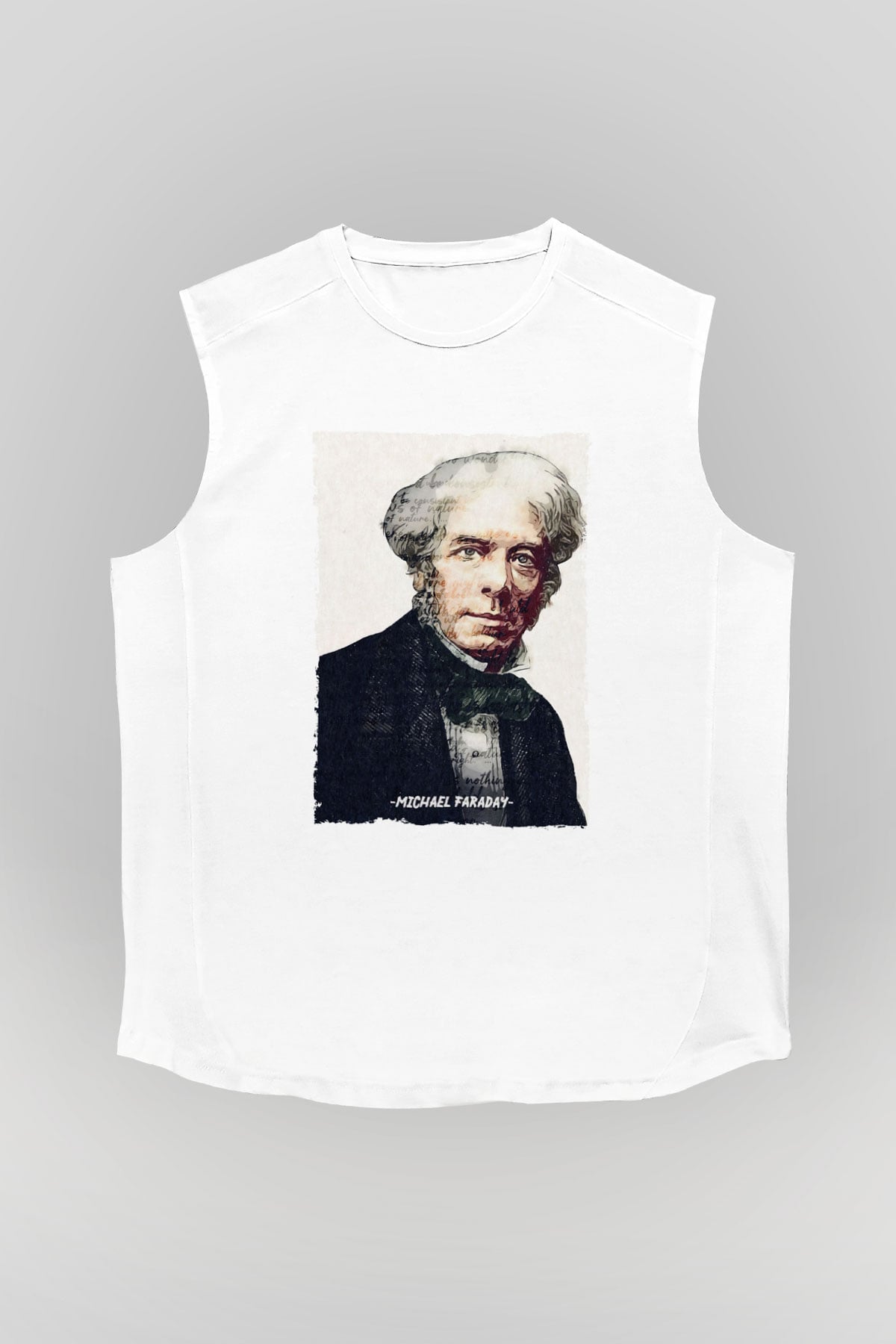 Michael Faraday Yazılı Portre Baskılı Unisex Kolsuz Beyaz Tişört - Tshirt