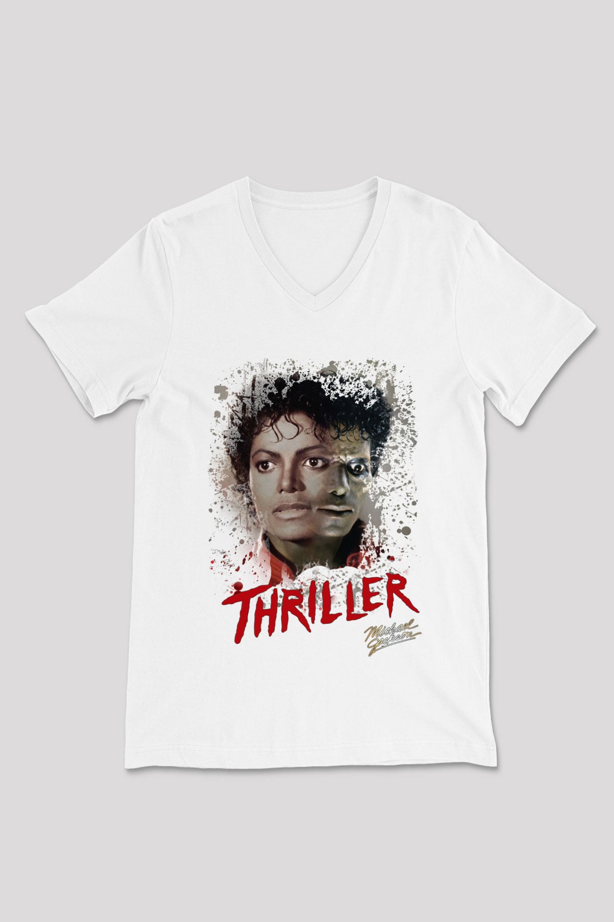 Michael Jackson Beyaz Unisex V Yaka Tişört T-Shirt