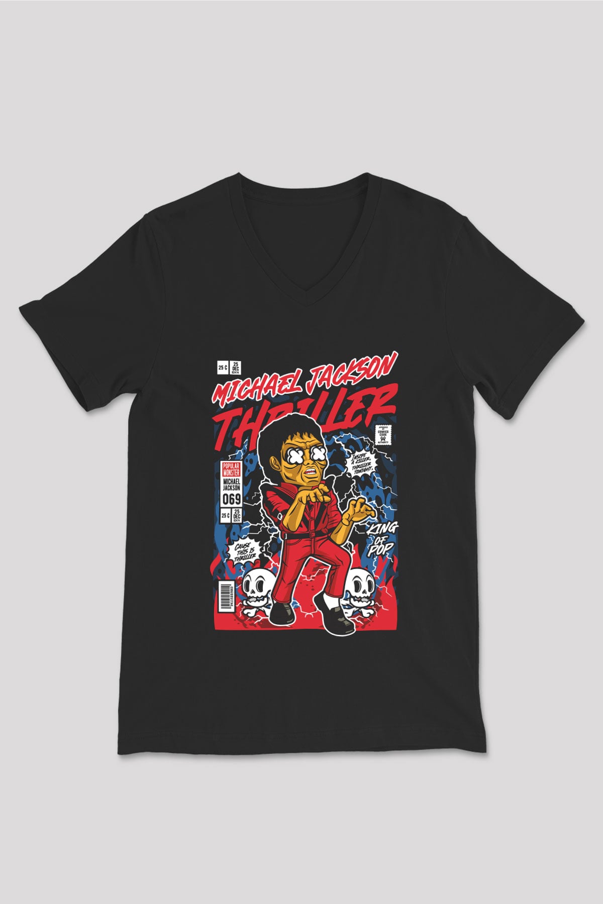 Michael Jackson Thriller Baskılı Unisex Siyah V Yaka Tişört