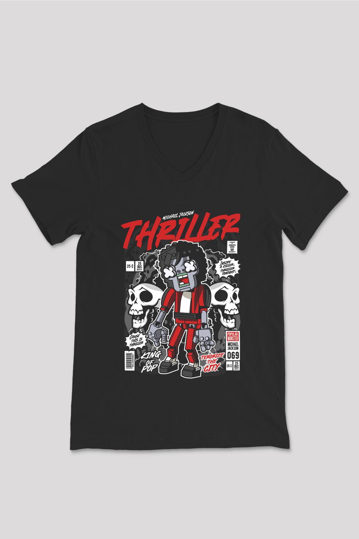 Michael Jakson Zombie Baskılı Unisex Siyah V Yaka Tişört