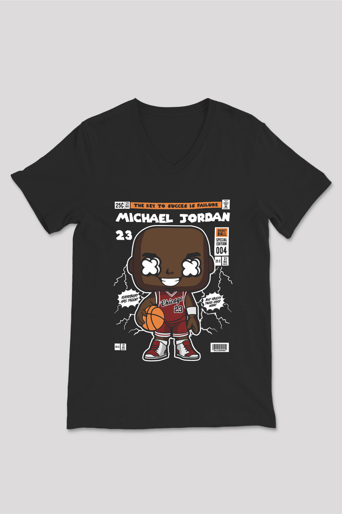 Michael Jordan Baskılı Unisex Siyah V Yaka Tişört