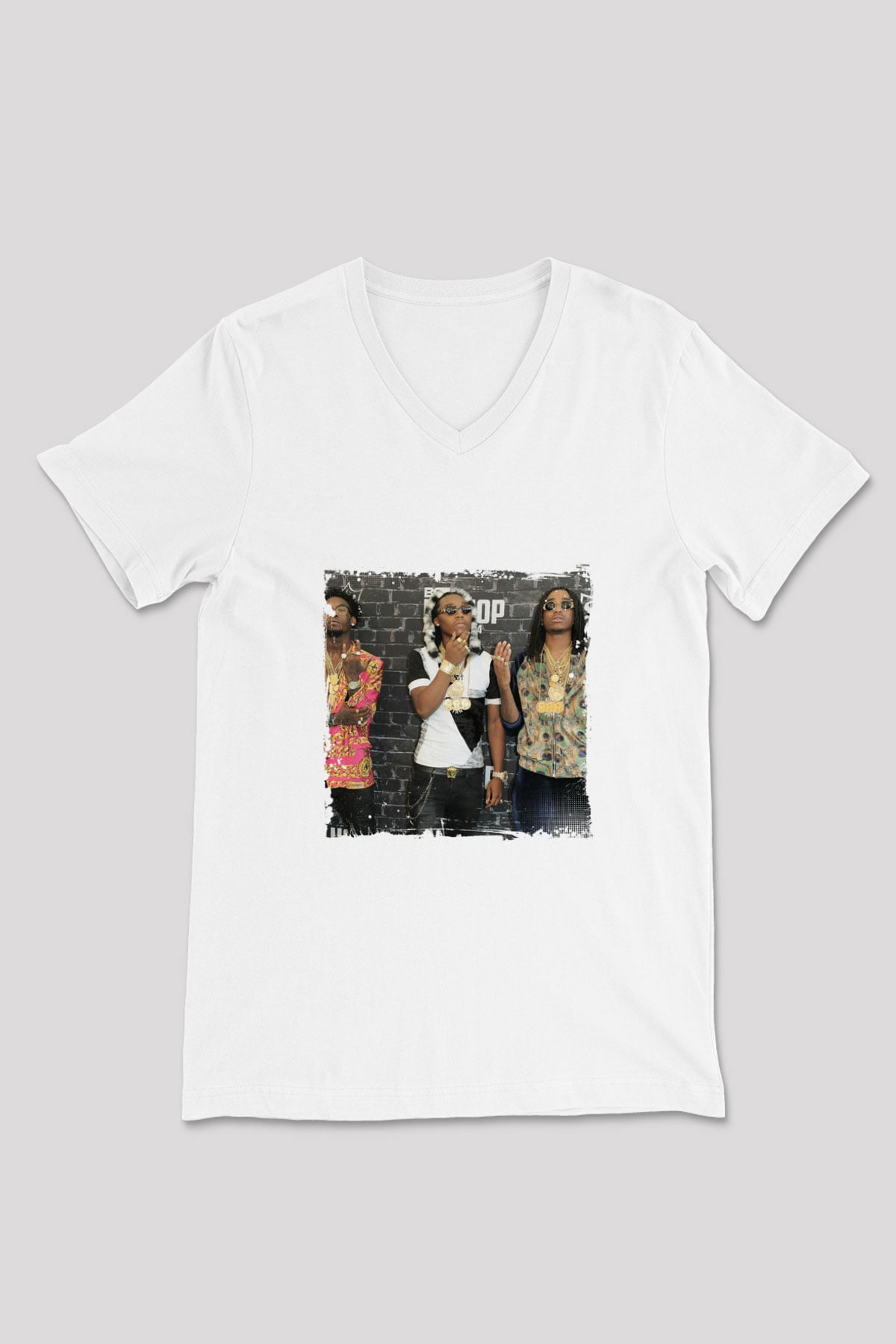 Migos Baskılı Beyaz V Yaka Unisex Tişört