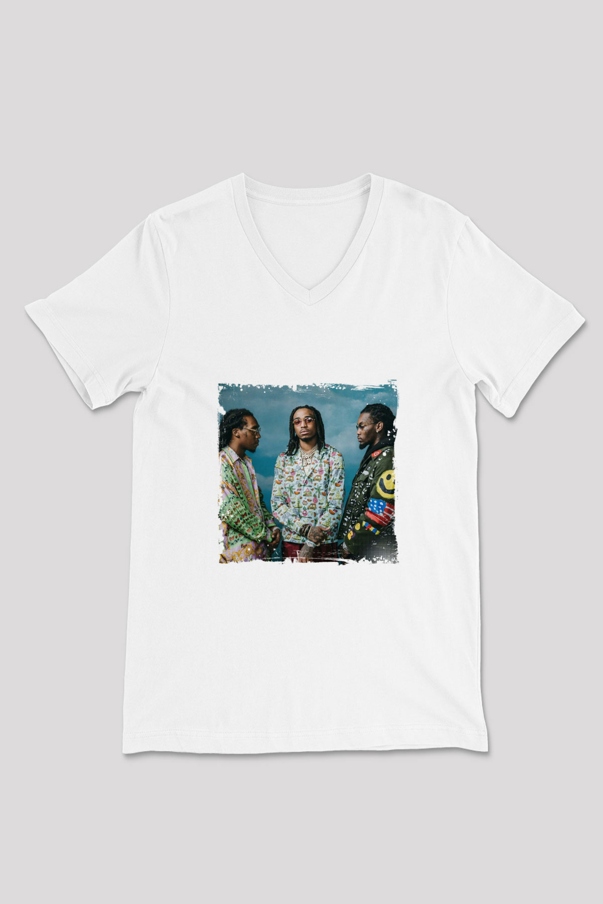 Migos Baskılı Beyaz V Yaka Unisex Tişört