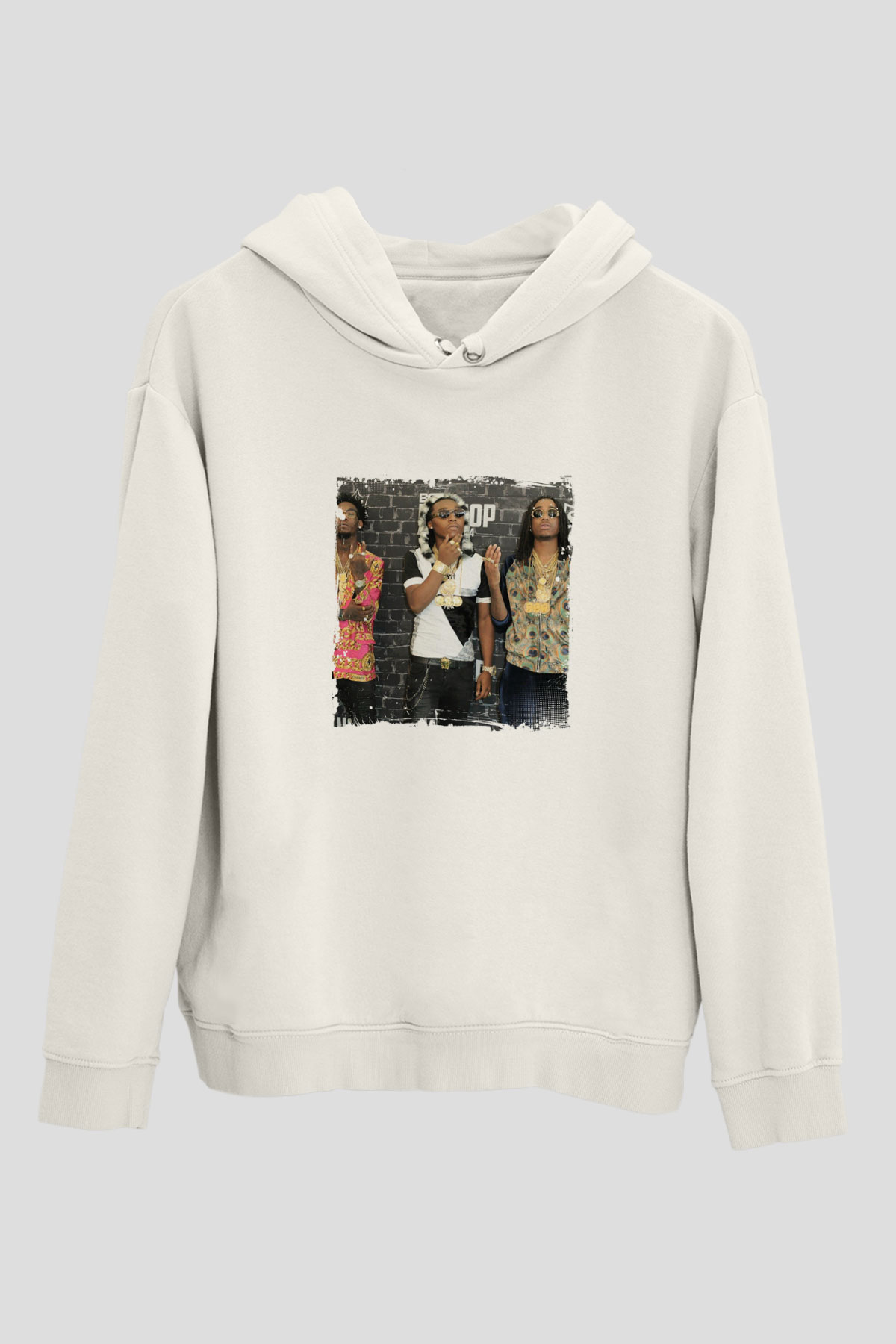 Migos Baskılı Unisex Beyaz Kapüşonlu Sweatshirt