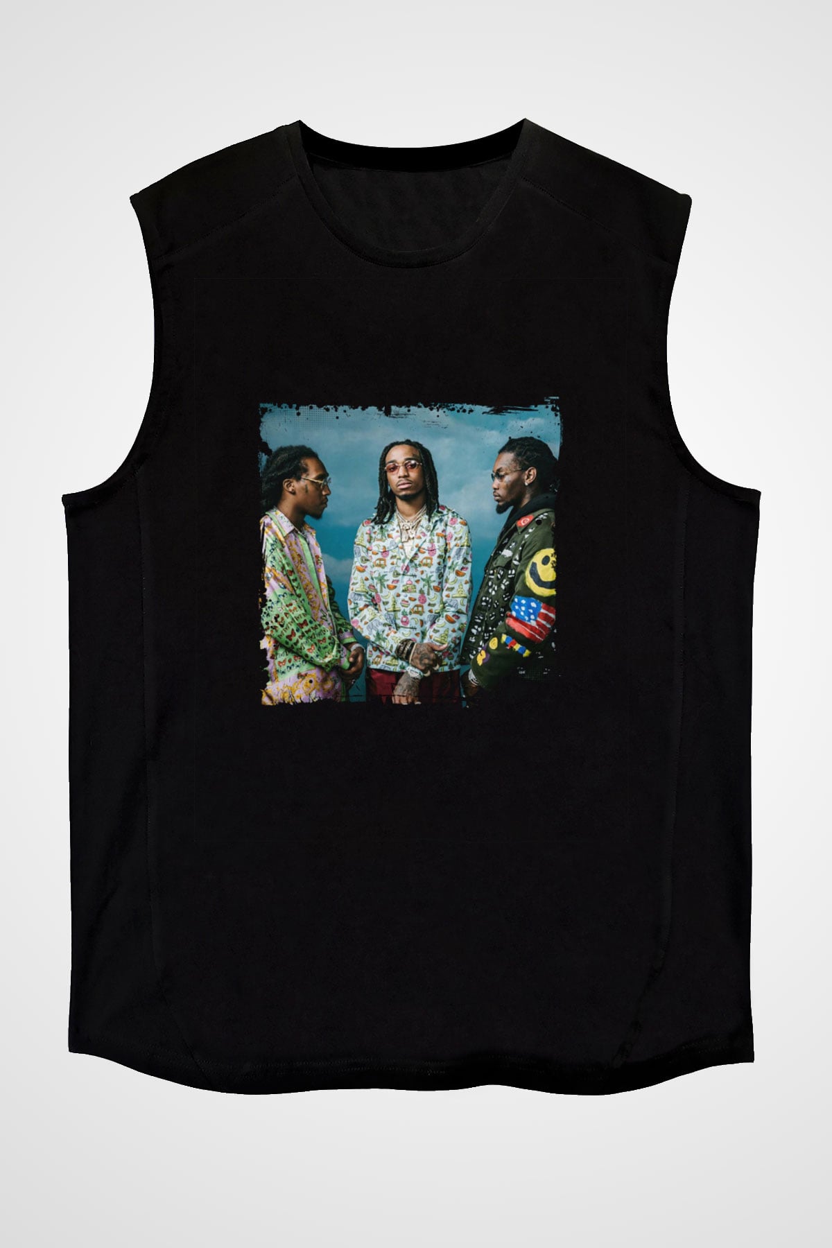 Migos Baskılı Unisex Siyah Kolsuz Tişört