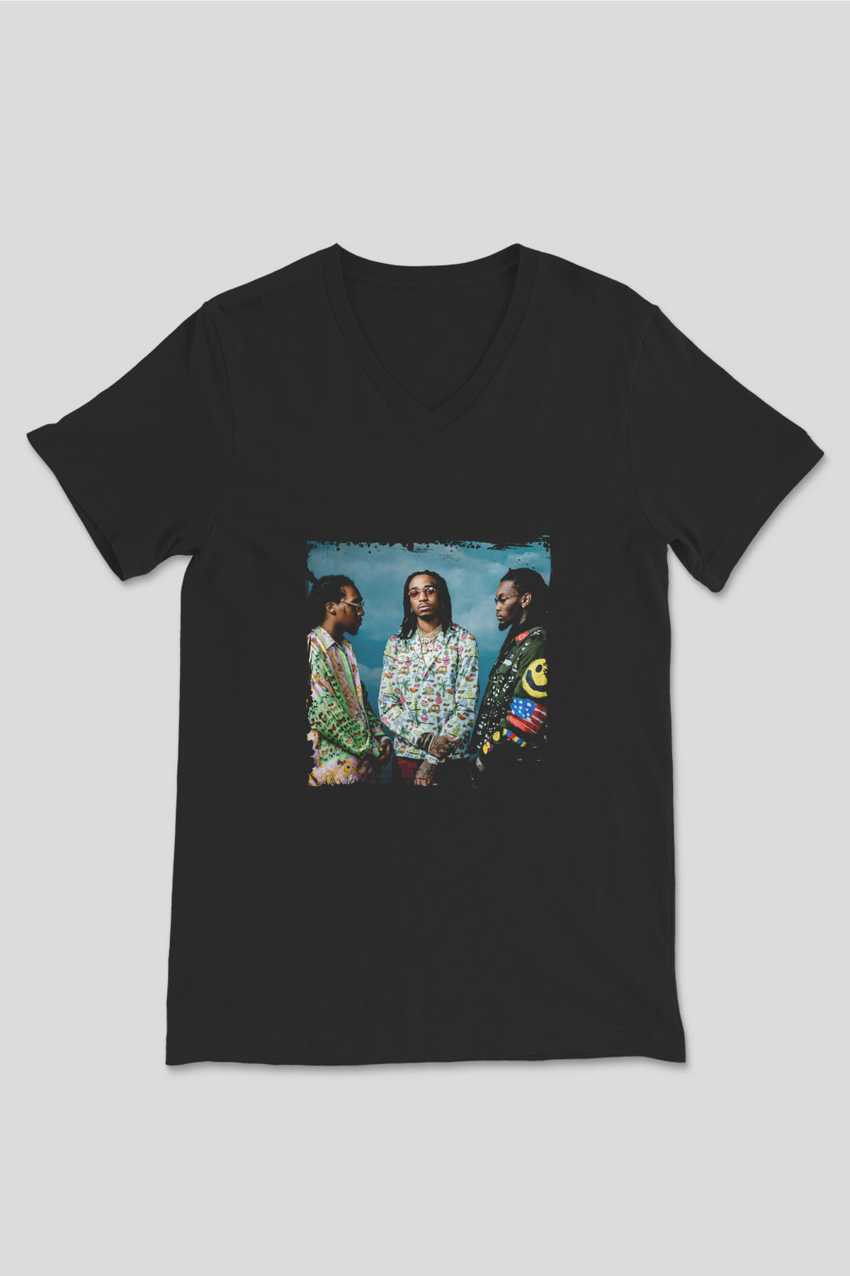 Migos Baskılı Unisex Siyah V Yaka Tişört