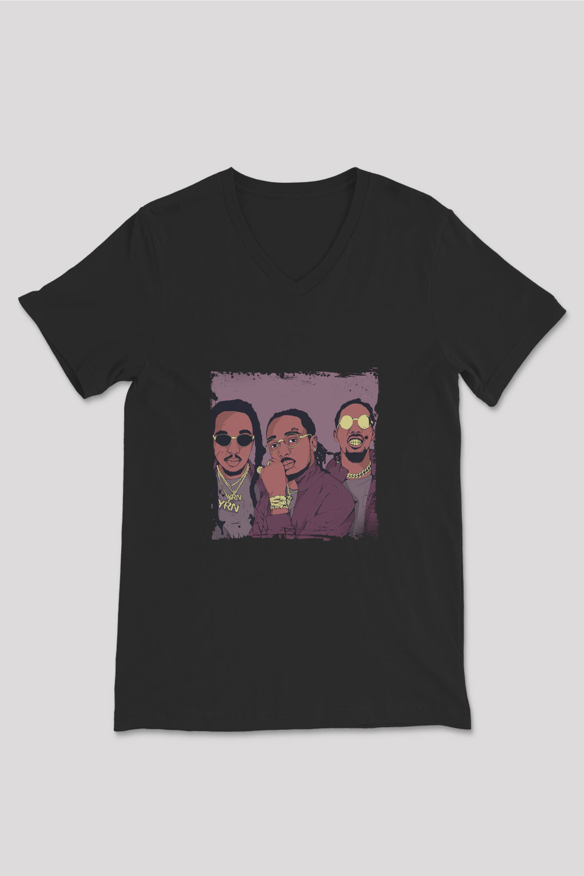 Migos Baskılı Unisex Siyah V Yaka Tişört