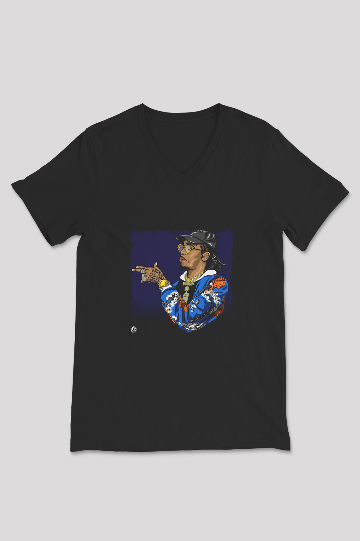 Migos Baskılı Unisex Siyah V Yaka Tişört