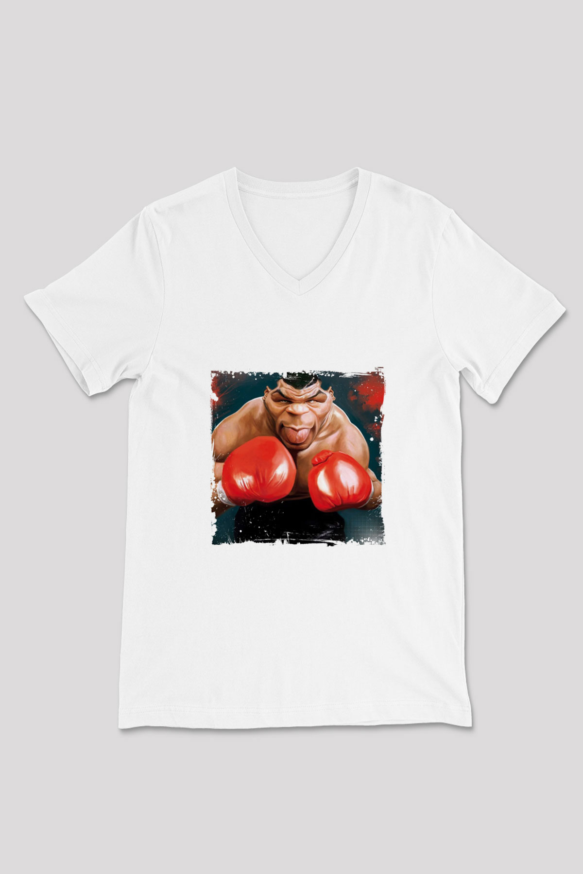 Mike Tyson Baskılı V Yaka Unisex Beyaz Tişört