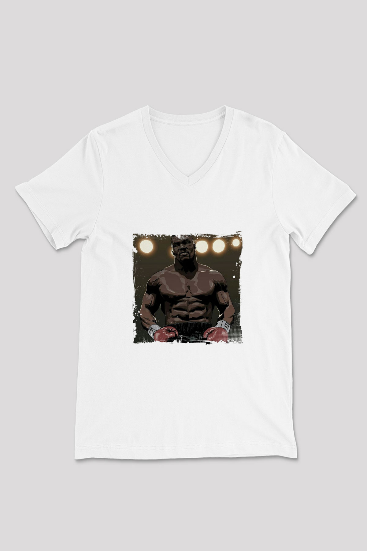 Mike Tyson Baskılı V Yaka Unisex Beyaz Tişört