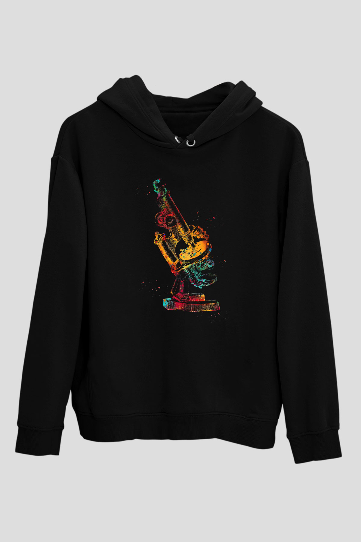 Mikroskop Renkli Baskılı Unisex Siyah Kapüşonlu Sweatshirt
