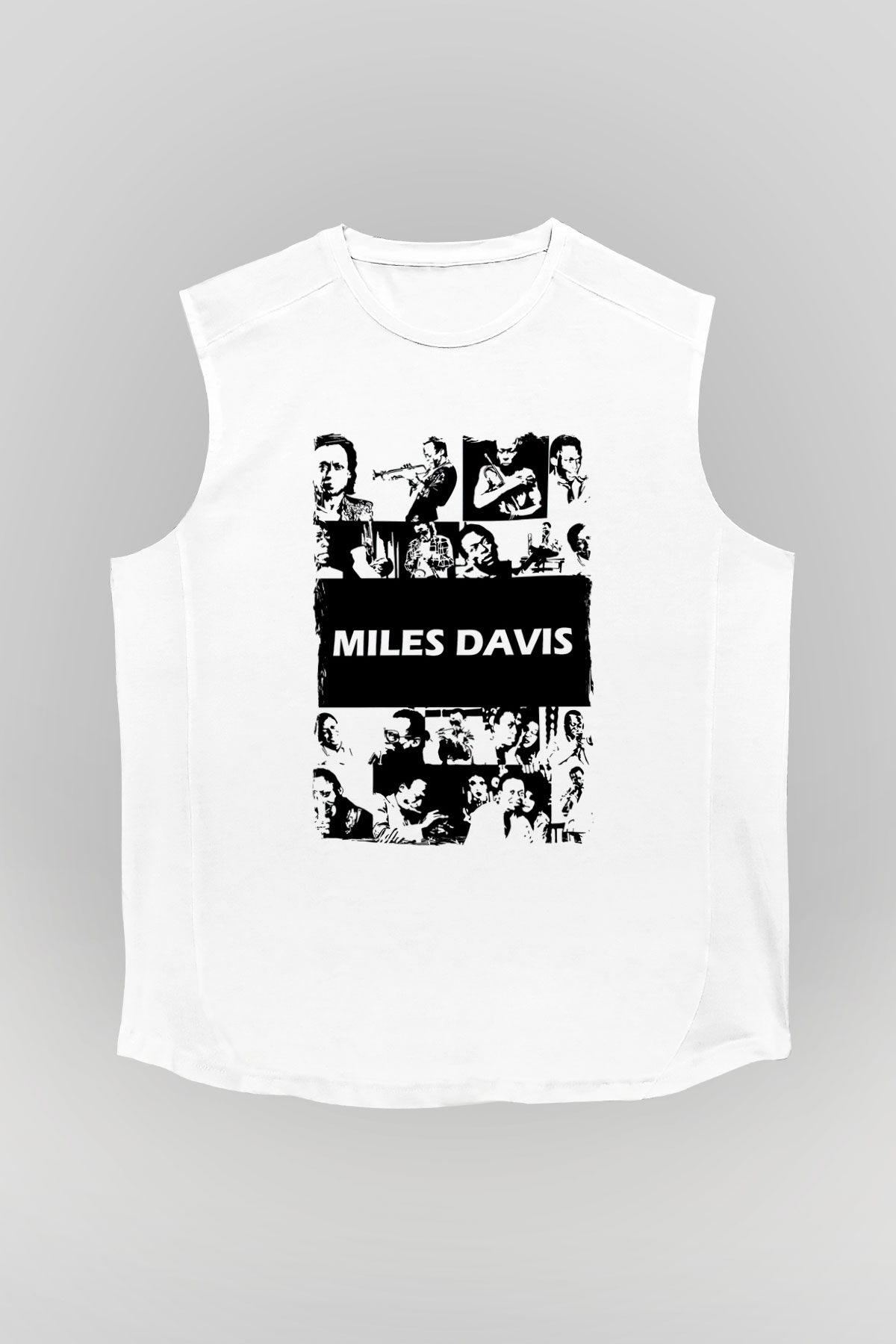 Miles Davis Baskılı Beyaz Unisex Kolsuz Tişört - Tshirt