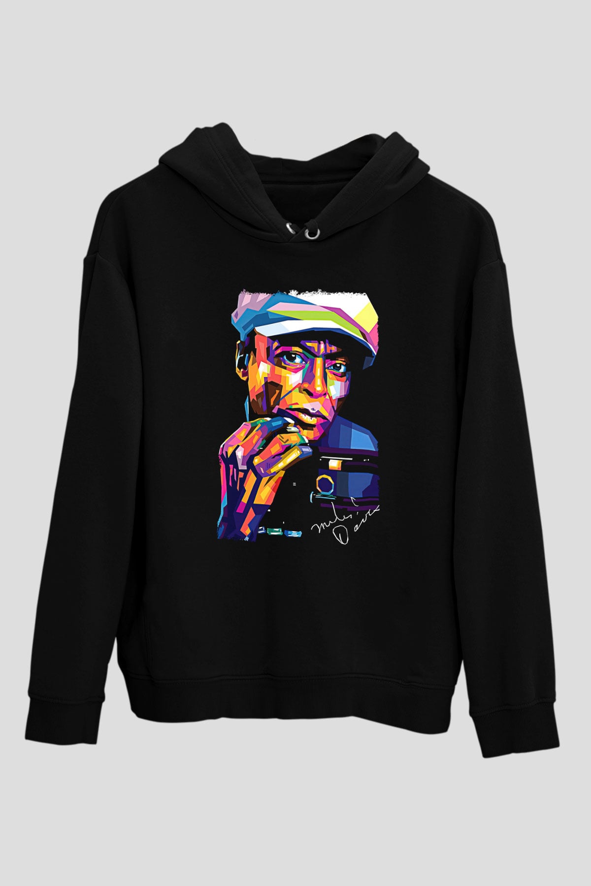 Miles Davis Baskılı Unisex Siyah Kapüşonlu Sweatshirt