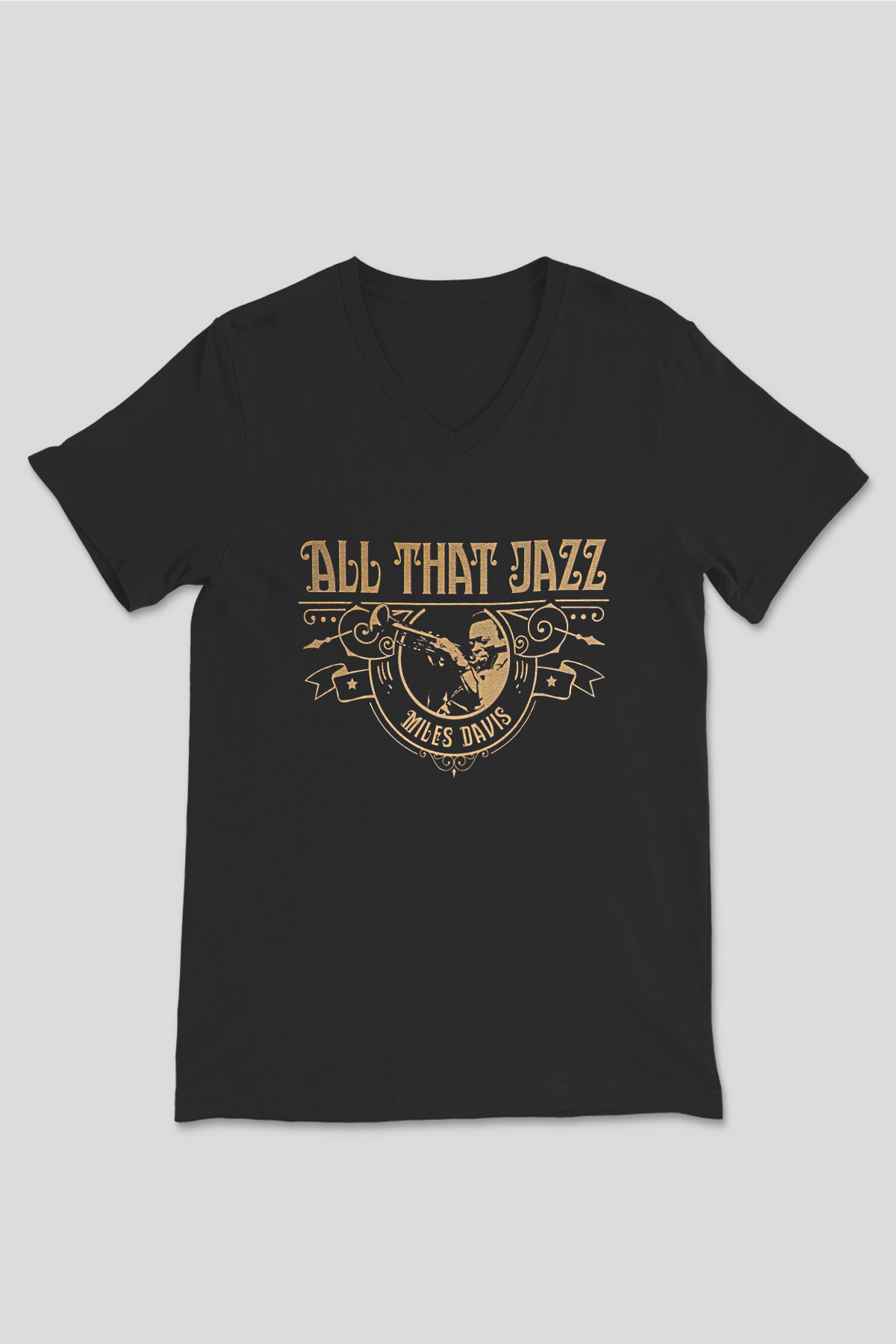Miles Davis Baskılı Unisex Siyah V Yaka Tişört - Tshirt