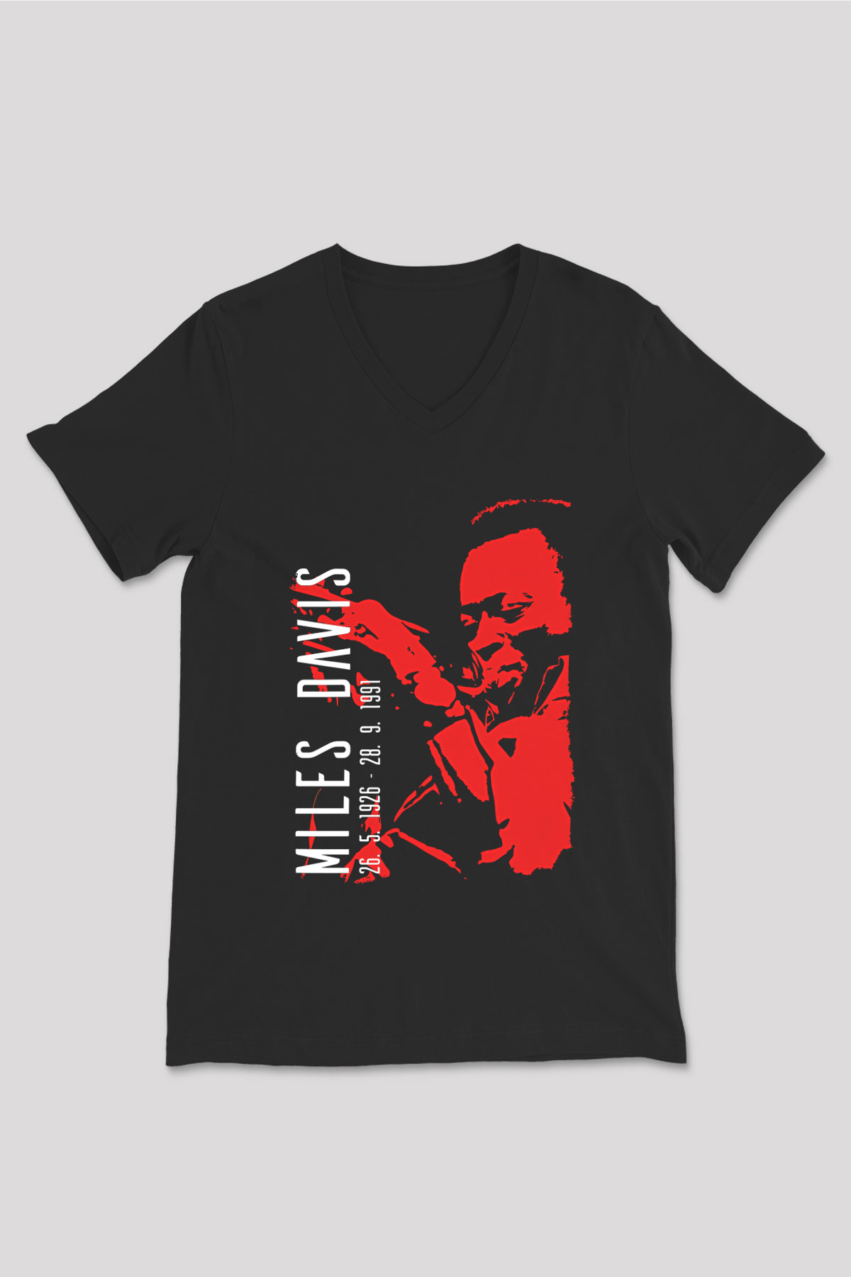 Miles Davis Baskılı Unisex Siyah V Yaka Tişört - Tshirt