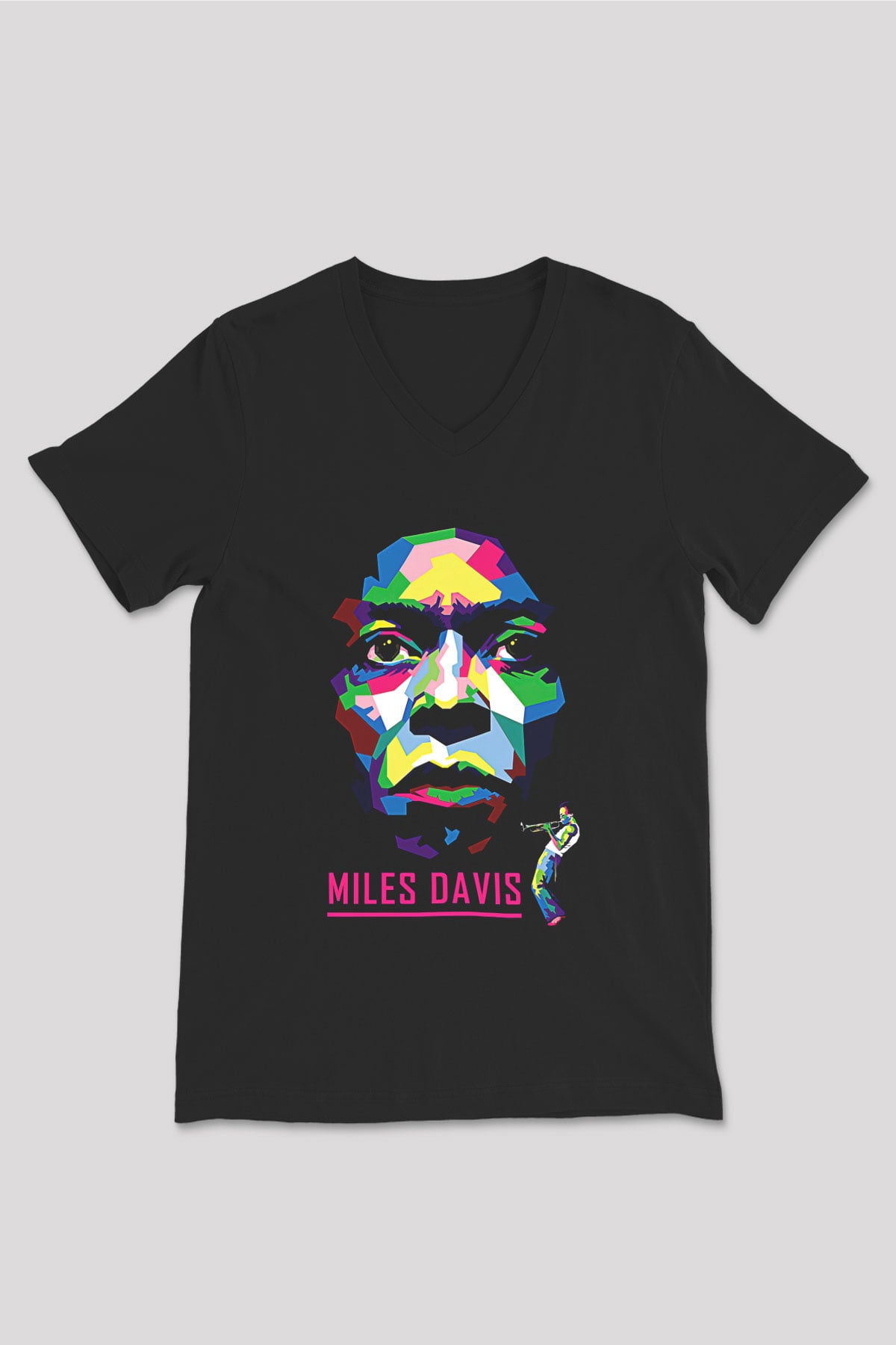 Miles Davis Baskılı Unisex Siyah V Yaka Tişört - Tshirt