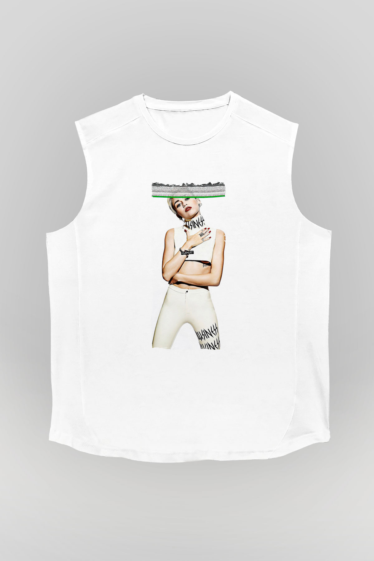 Miley Cyrus Baskılı Beyaz Unisex Kolsuz Tişört - Tshirt