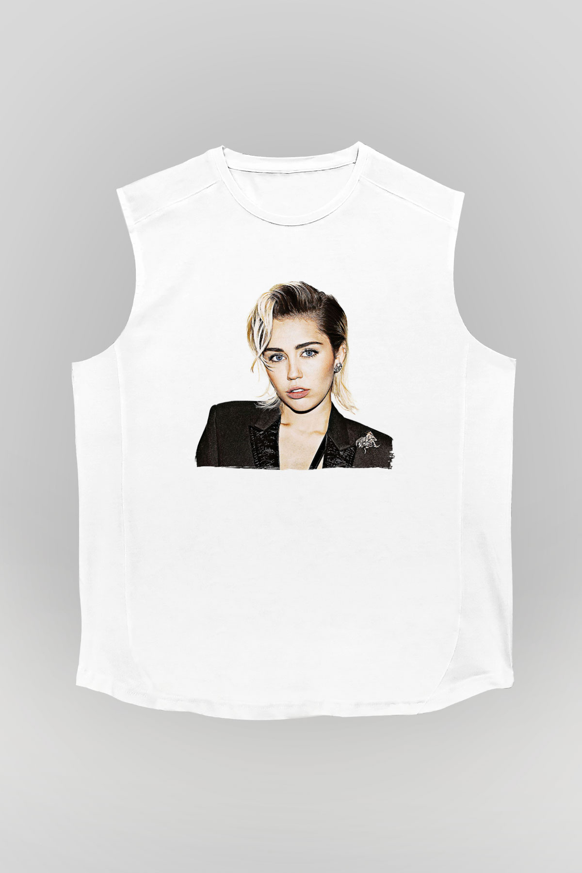 Miley Cyrus Baskılı Beyaz Unisex Kolsuz Tişört - Tshirt