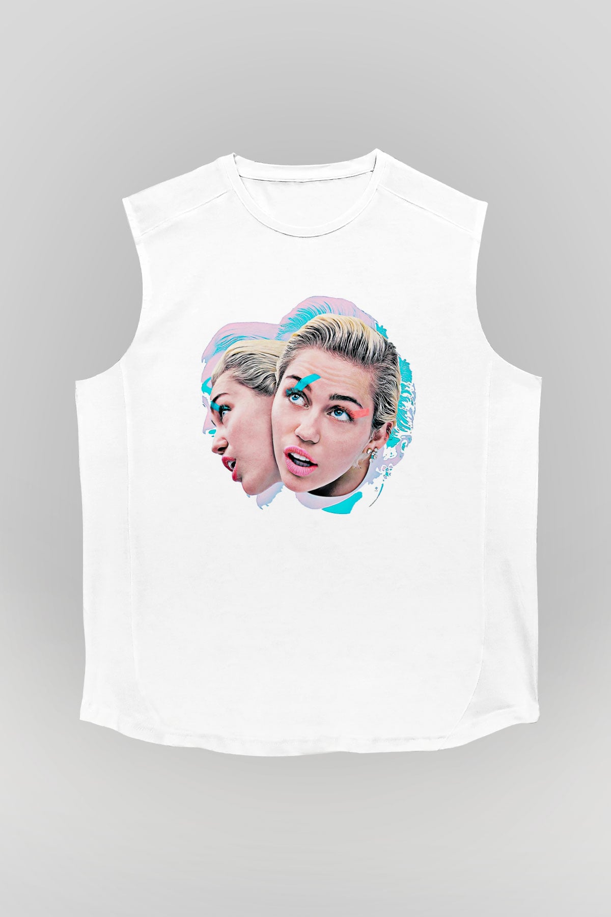 Miley Cyrus Baskılı Beyaz Unisex Kolsuz Tişört - Tshirt