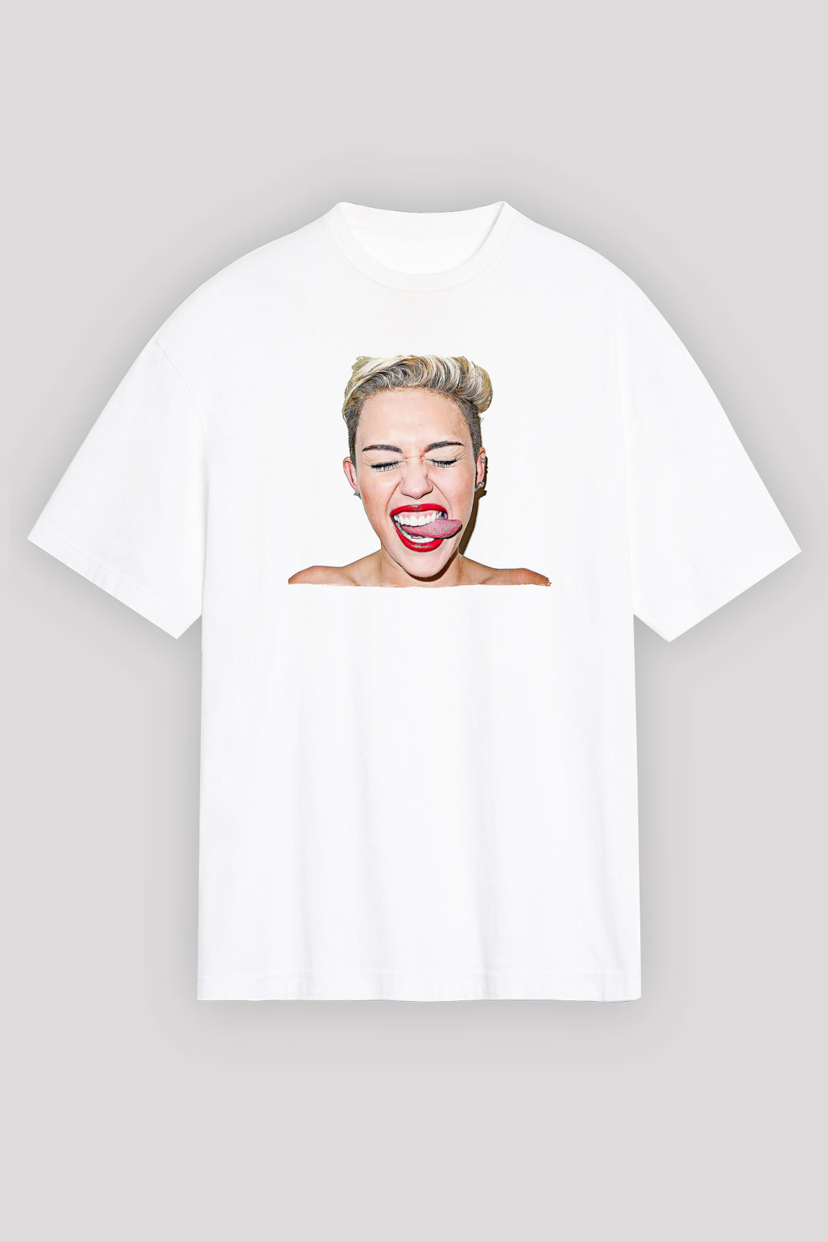 Miley Cyrus Baskılı Beyaz Unisex Oversize Tişört - Tshirt