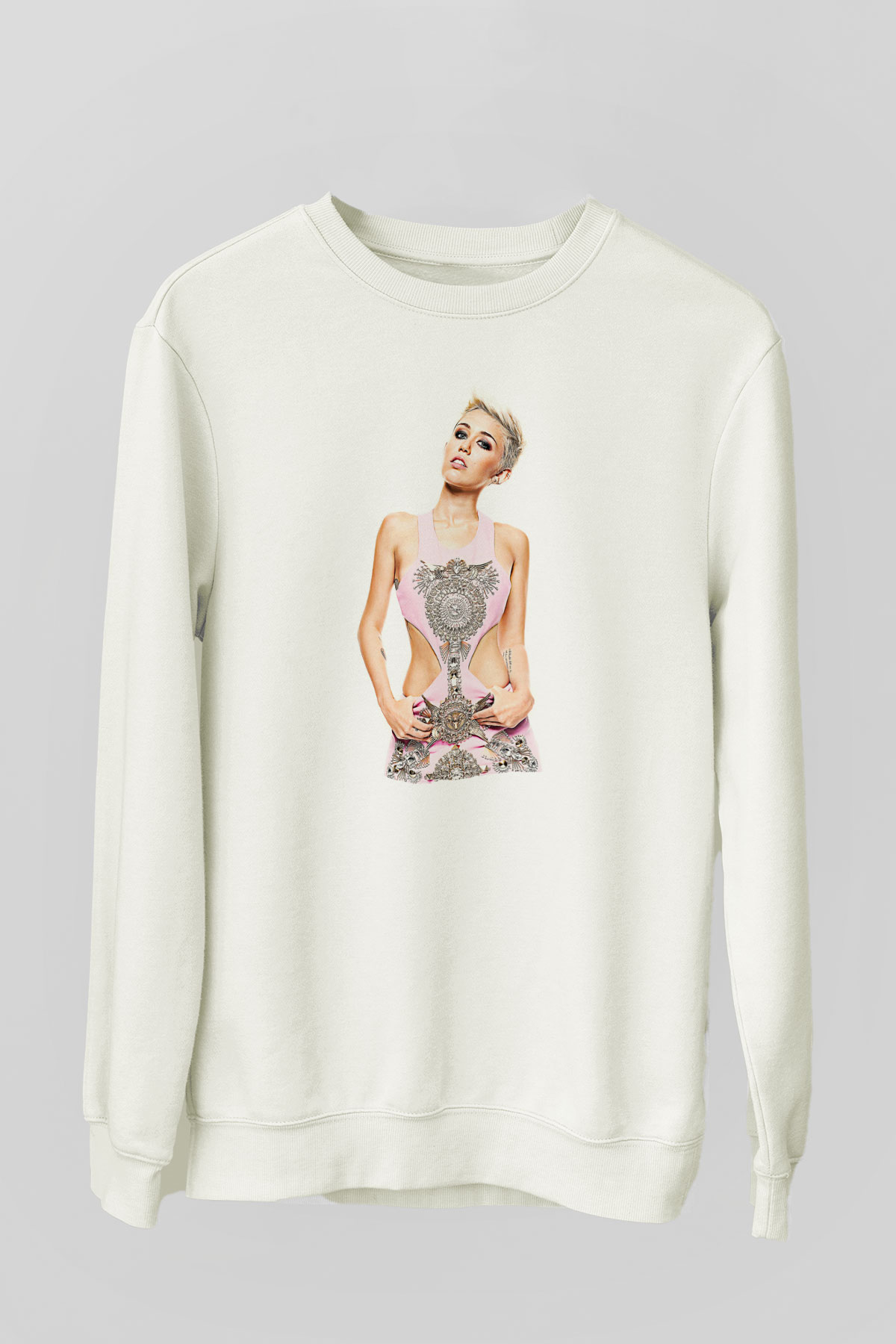 Miley Cyrus Baskılı Beyaz Unisex Sweatshirt