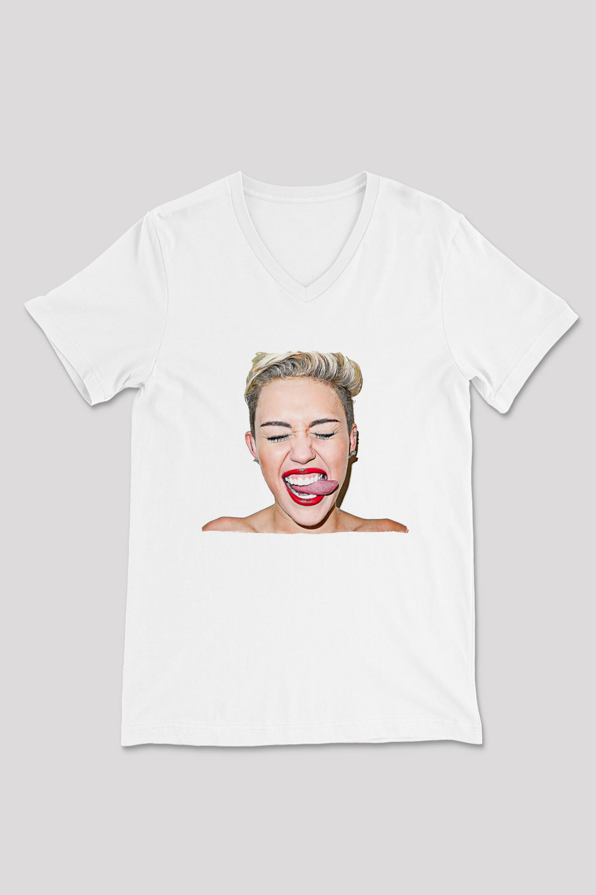 Miley Cyrus Baskılı Beyaz Unisex V Yaka Tişört - Tshirt