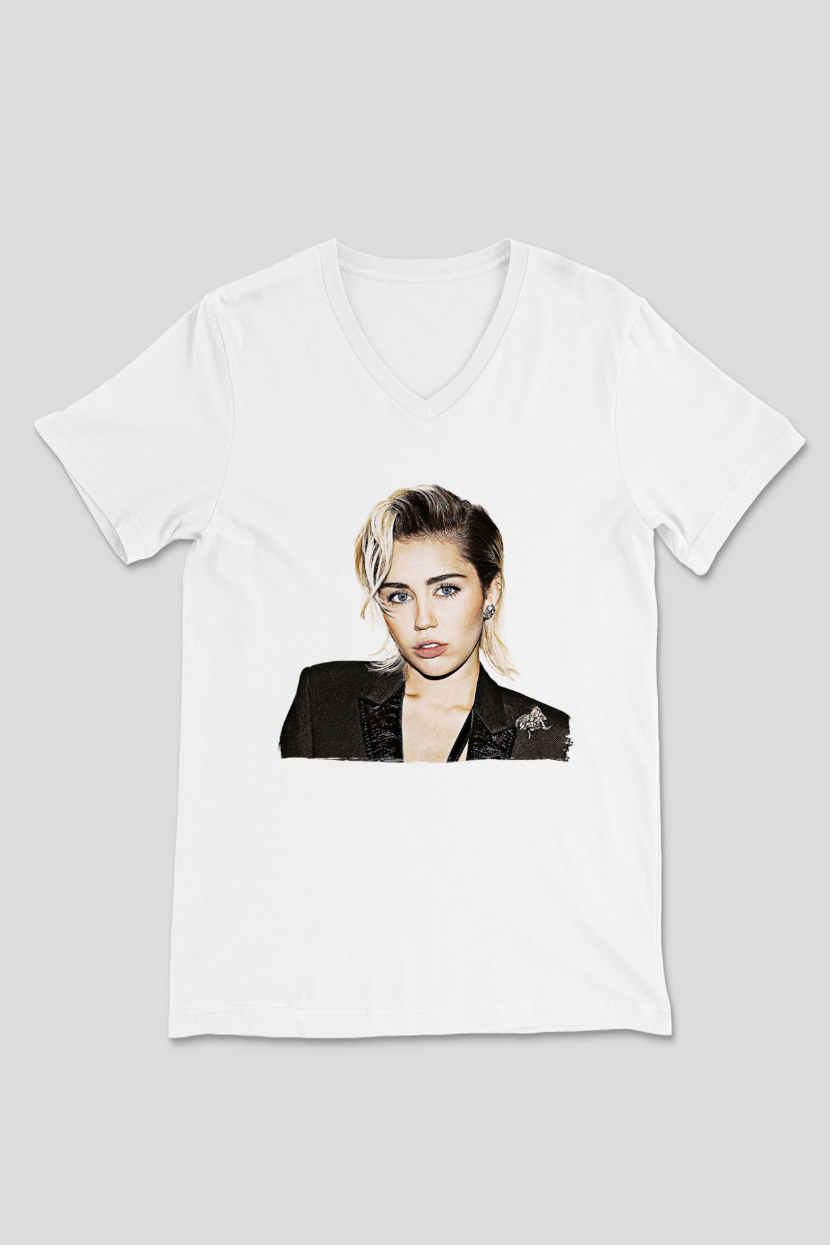 Miley Cyrus Baskılı Beyaz Unisex V Yaka Tişört - Tshirt
