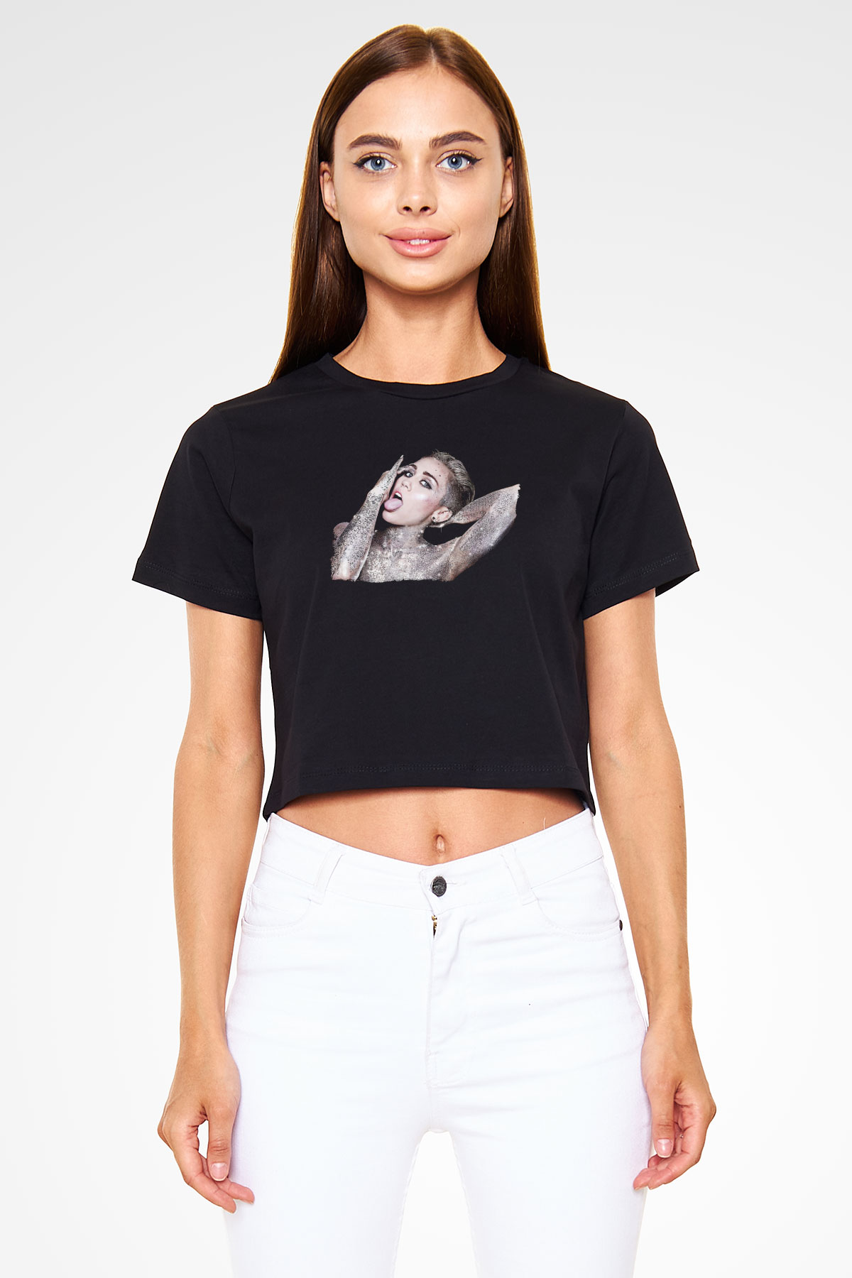 Miley Cyrus Baskılı Siyah Crop Top Kadın Tişört - Tshirt