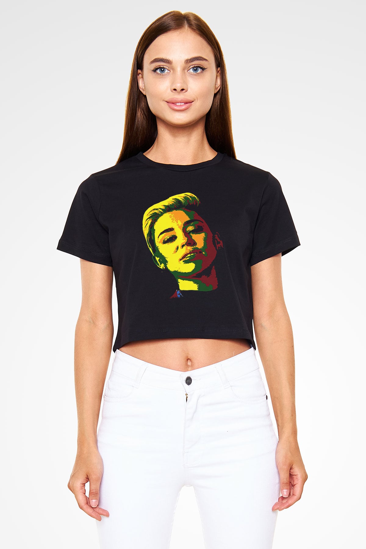 Miley Cyrus Baskılı Siyah Crop Top Kadın Tişört - Tshirt