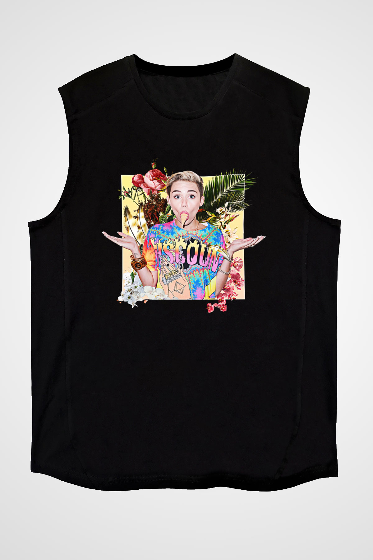 Miley Cyrus Baskılı Unisex Siyah Kolsuz Tişört - Tshirt