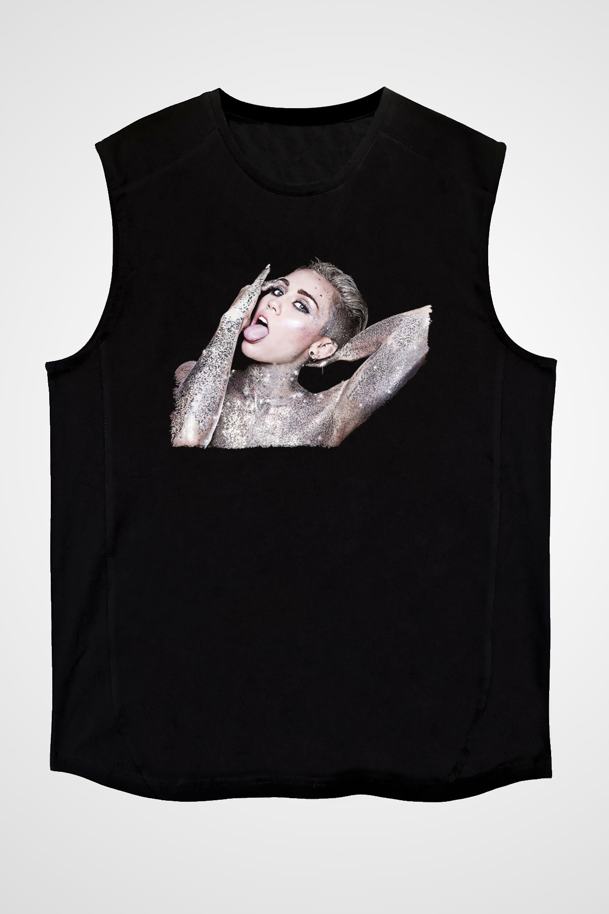 Miley Cyrus Baskılı Unisex Siyah Kolsuz Tişört - Tshirt